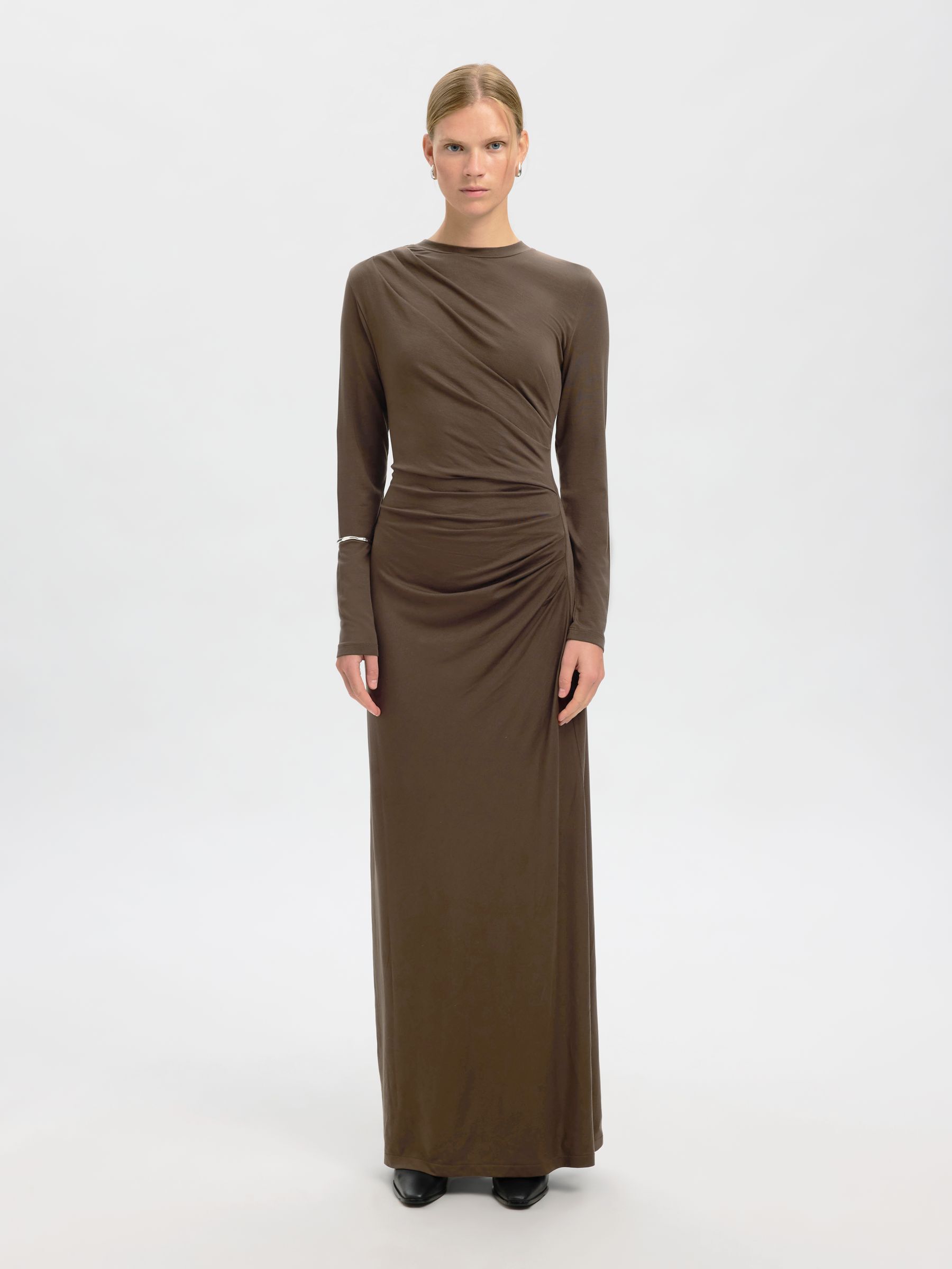 DRAPED LONG SLEEVED DRESS | Brown | Selected