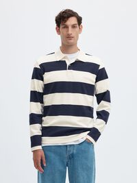 STRIPED COTTON LONG-SLEEVED POLO, Navy Blazer, highres