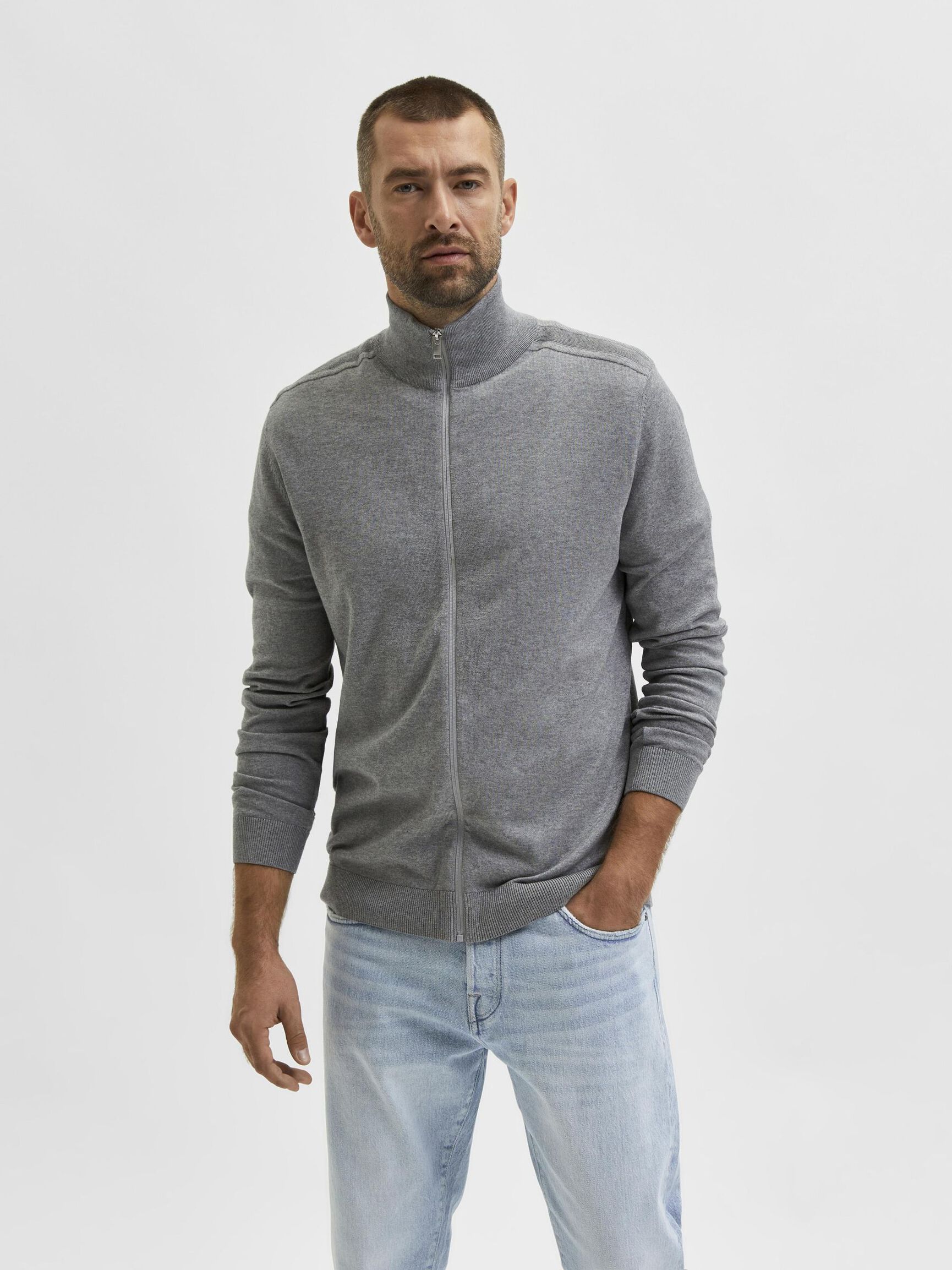 ZIP-UP STRICKJACKE, Medium Grey Melange, highres