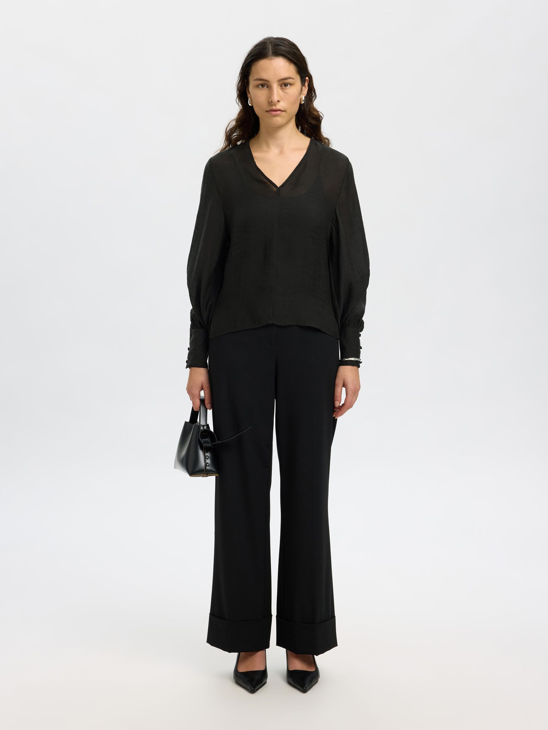 V-HALS BLOUSE MET LANGE MOUWEN, Black, highres