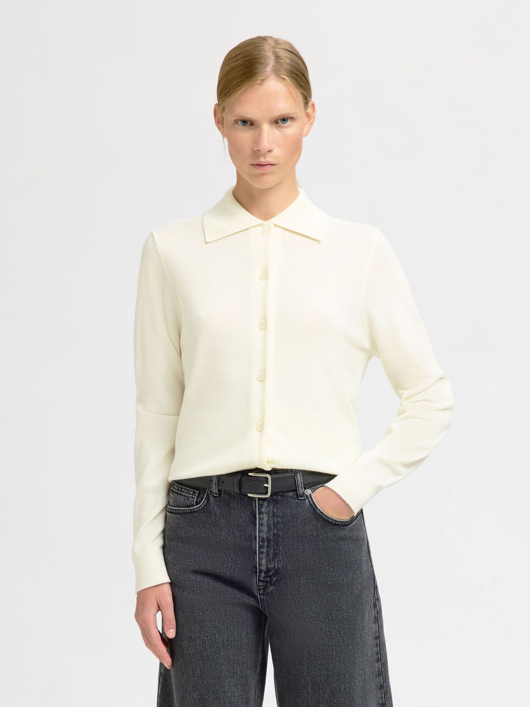 100% MERINO WOOL  LONG-SLEEVED POLO, Egret, highres