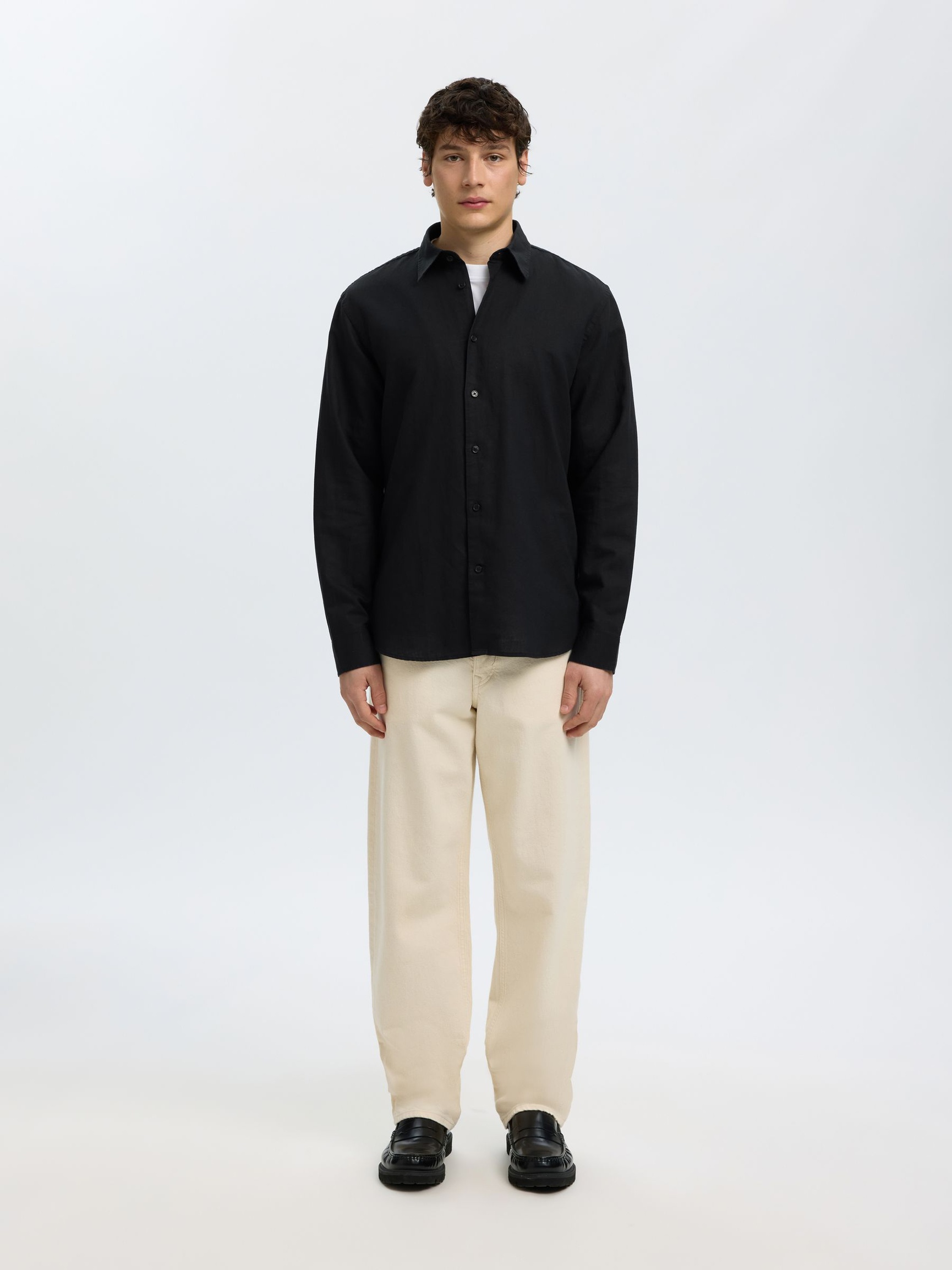 REGULAR FIT LINEN-BLEND SHIRT, Black, highres