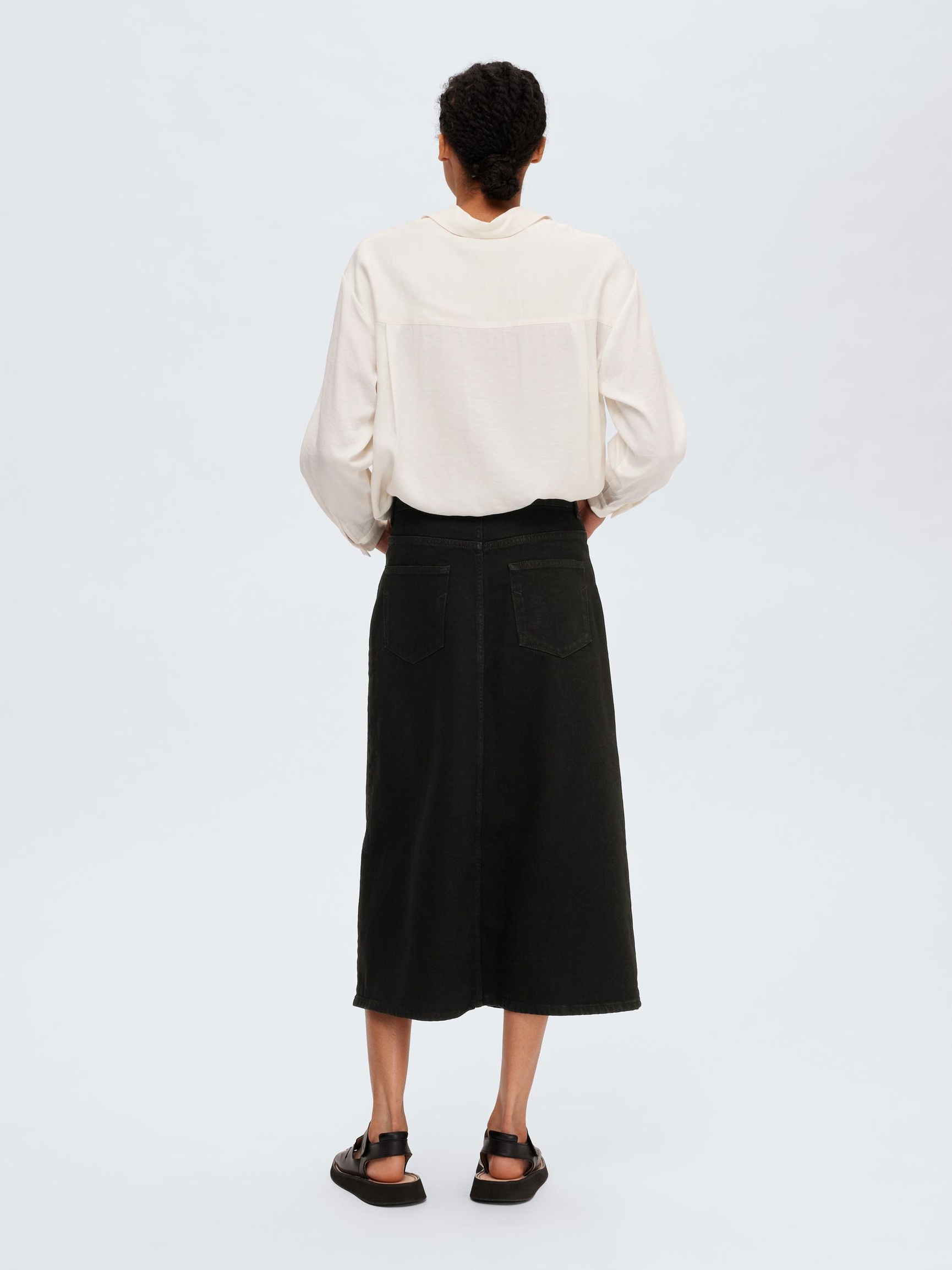 BLACK DENIM MIDI SKIRT, Black Denim, highres