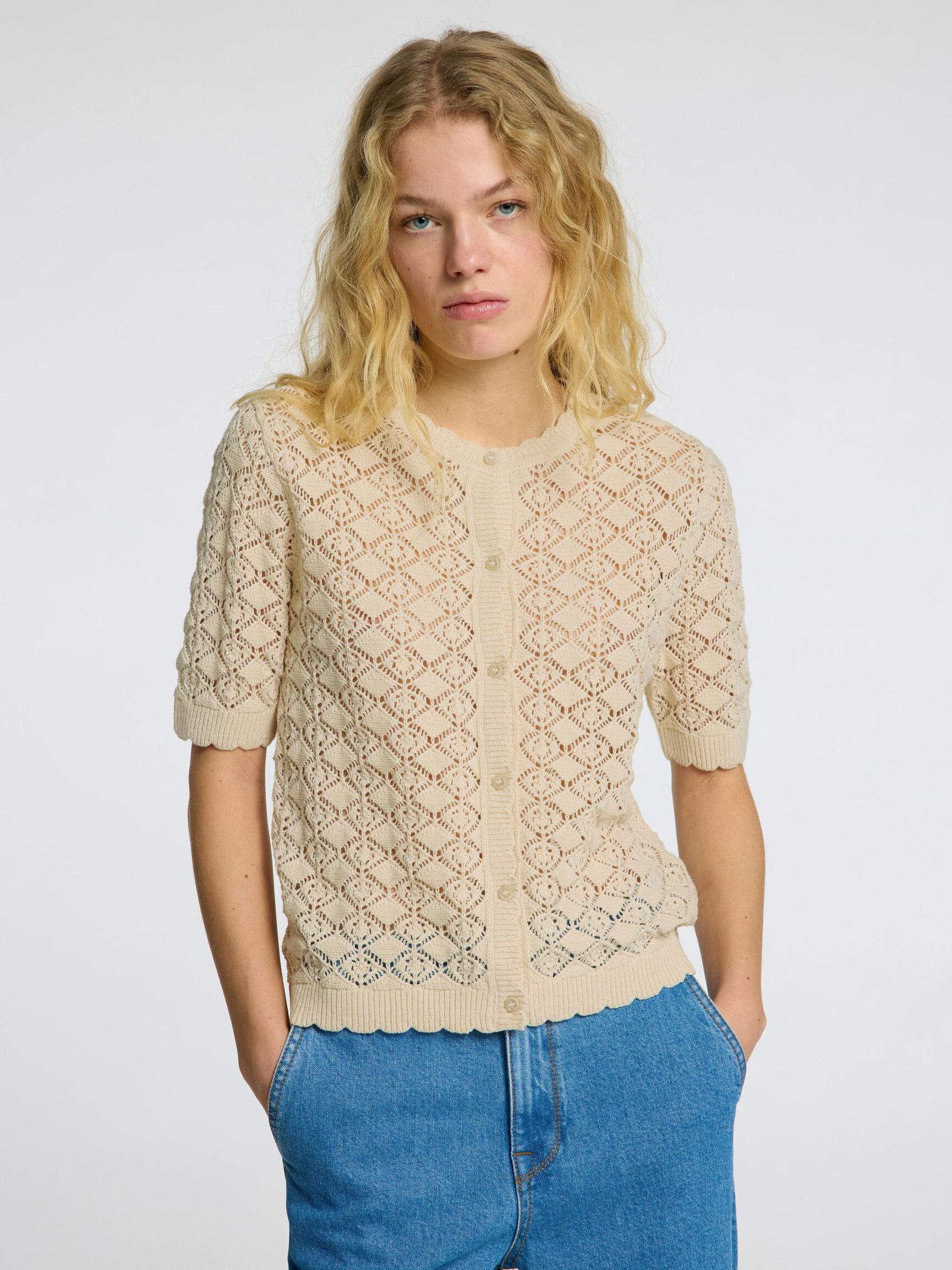 SHORT SLEEVED KNITTED CARDIGAN, Birch, highres