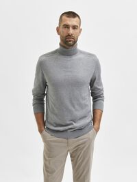 LONG-SLEEVED ROLL NECK PULLOVER, Medium Grey Melange, highres