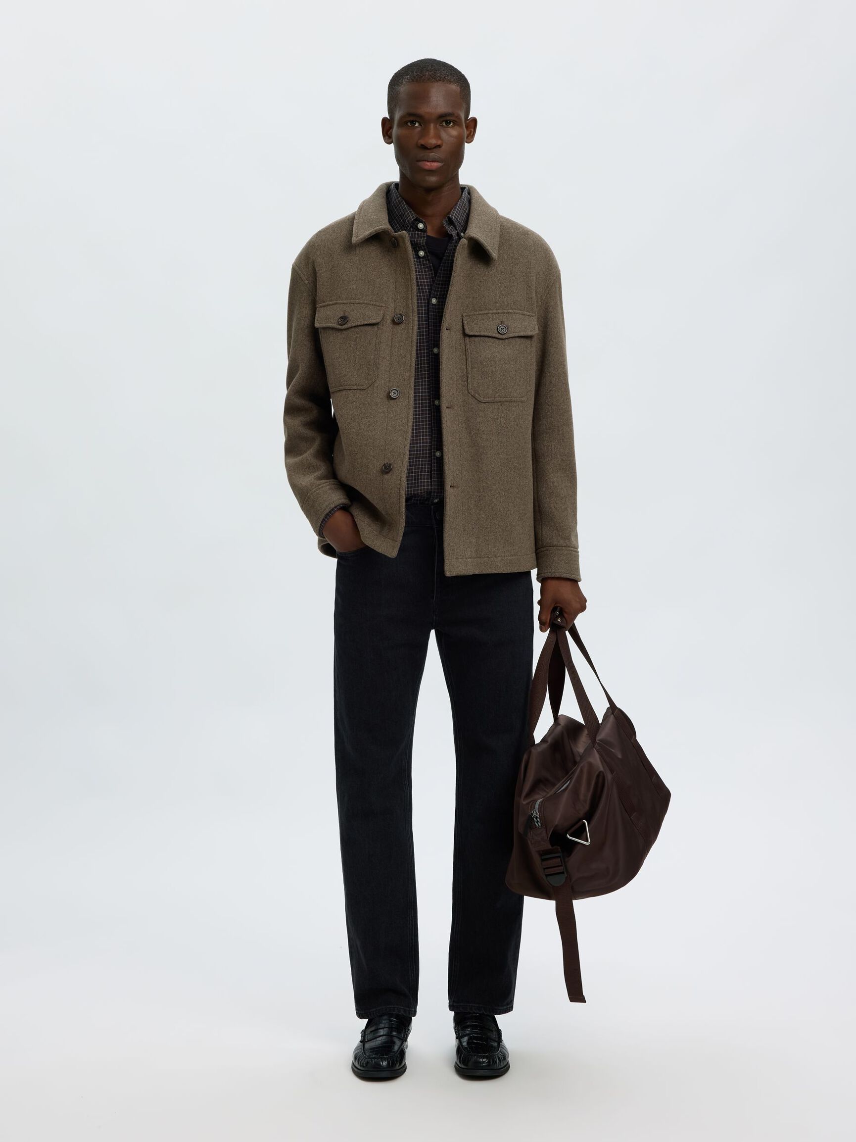 WOOL BLEND SHACKET, Chocolate Torte, highres