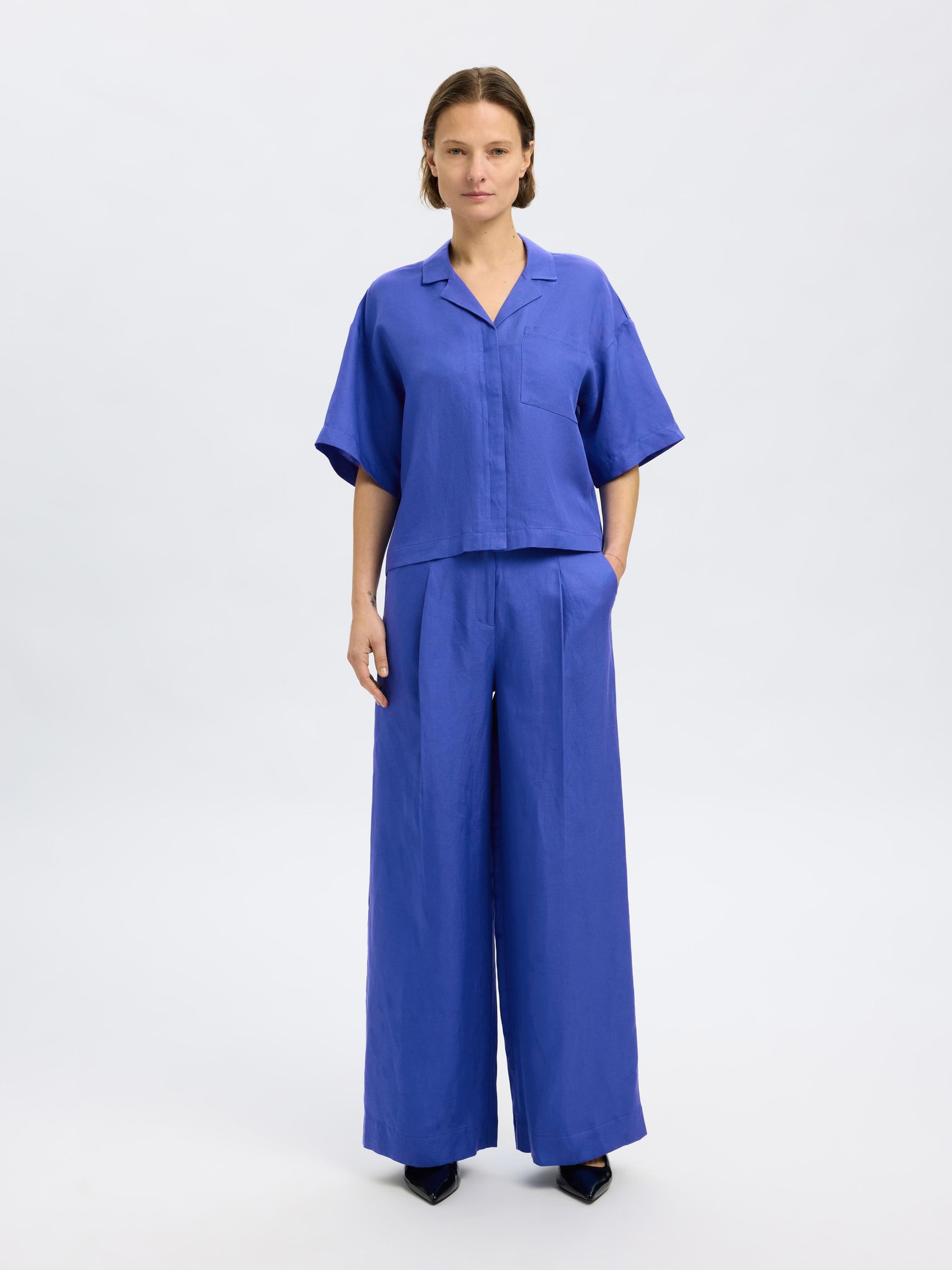 LINEN BLEND WIDE-LEG TROUSERS, Dazzling Blue, highres