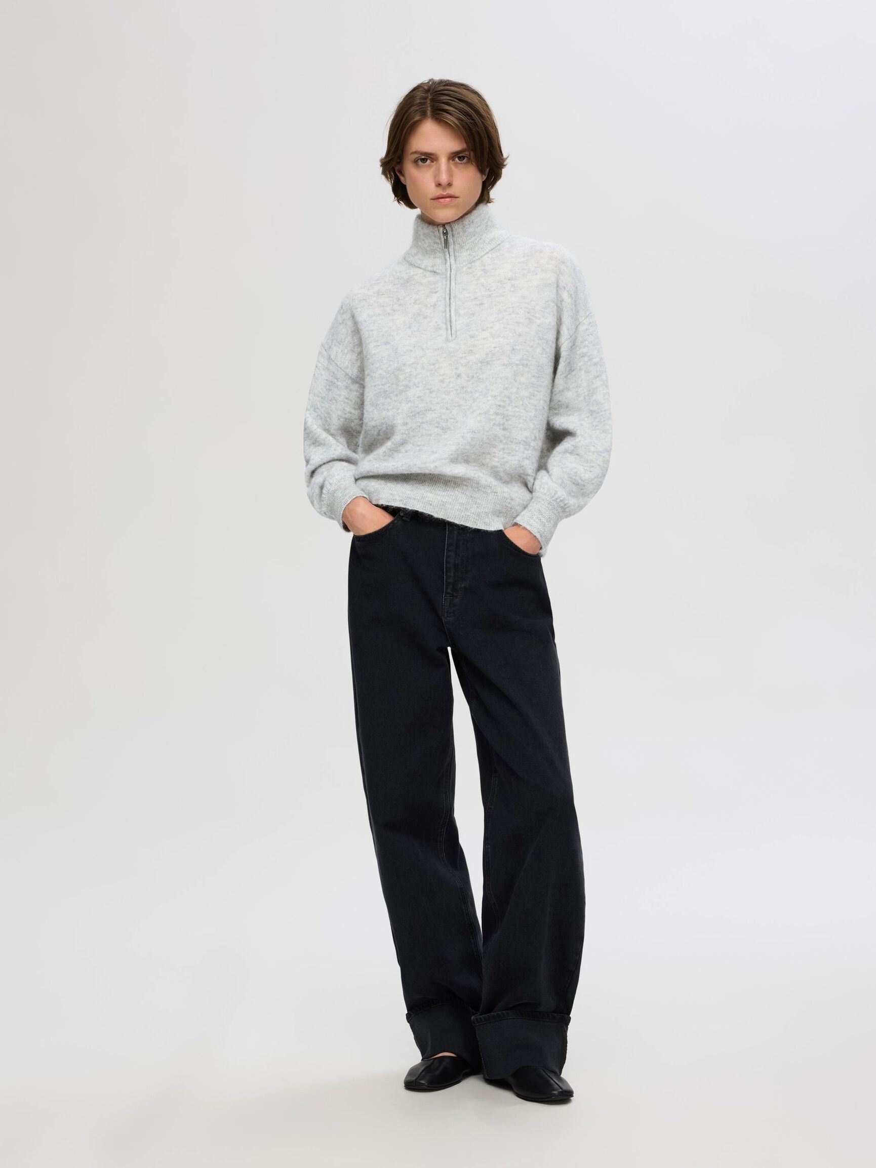 WOOL BLEND  HALF-ZIP JUMPER, Light Grey Melange, highres