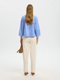 COTTON BLEND 3/4 SLEEVED BLOUSE, Dusty Blue, highres