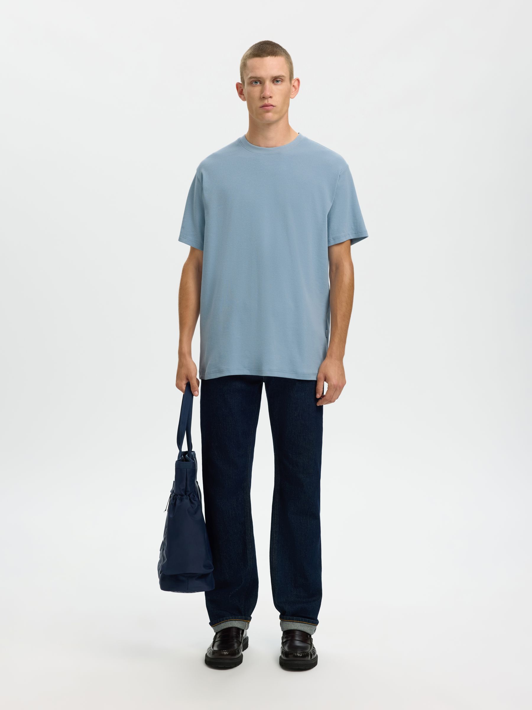 RIBBED COTTON T-SHIRT, Dusty Blue, highres
