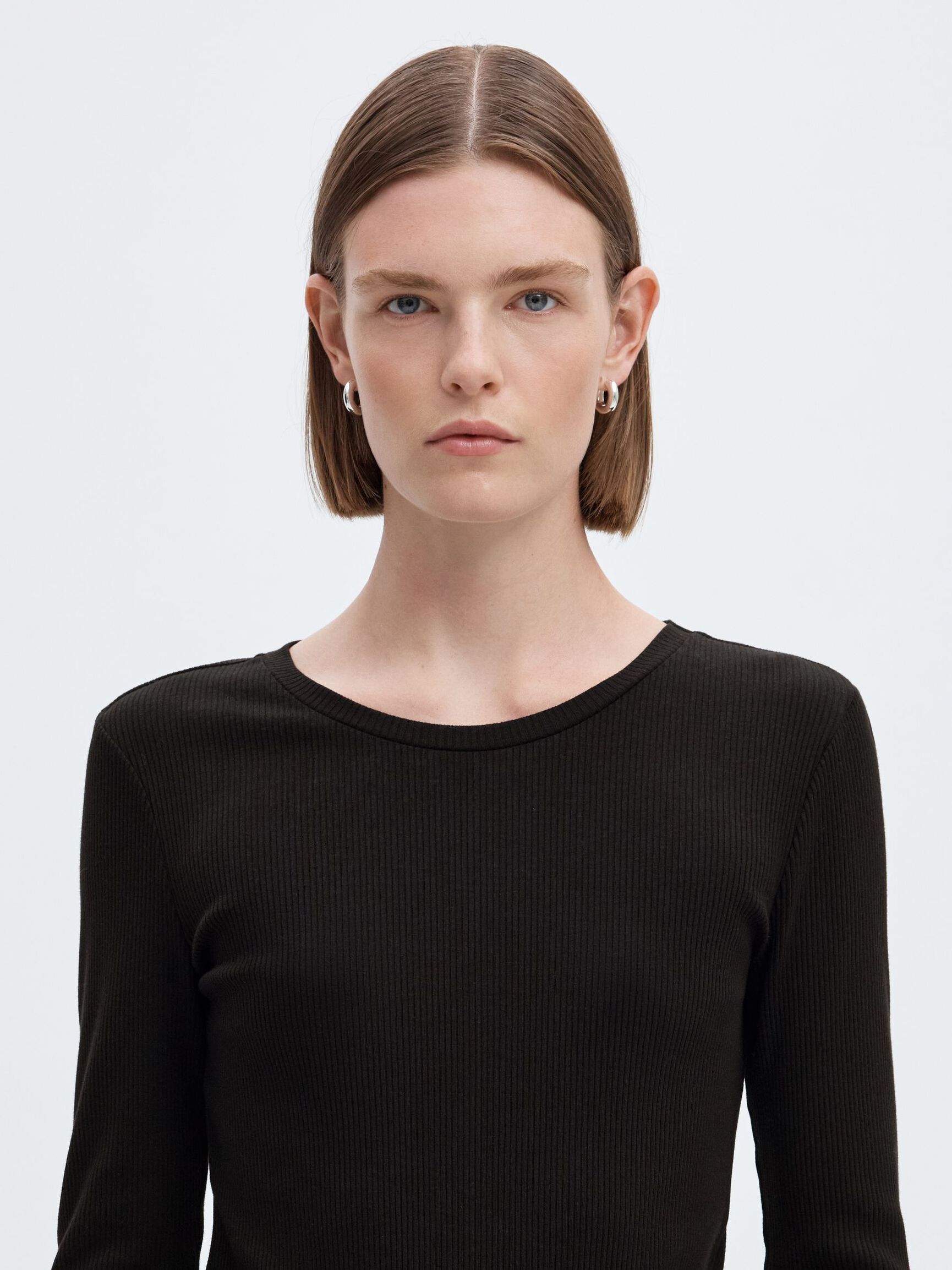 RIBBED LONG SLEEVED TOP, Black, highres
