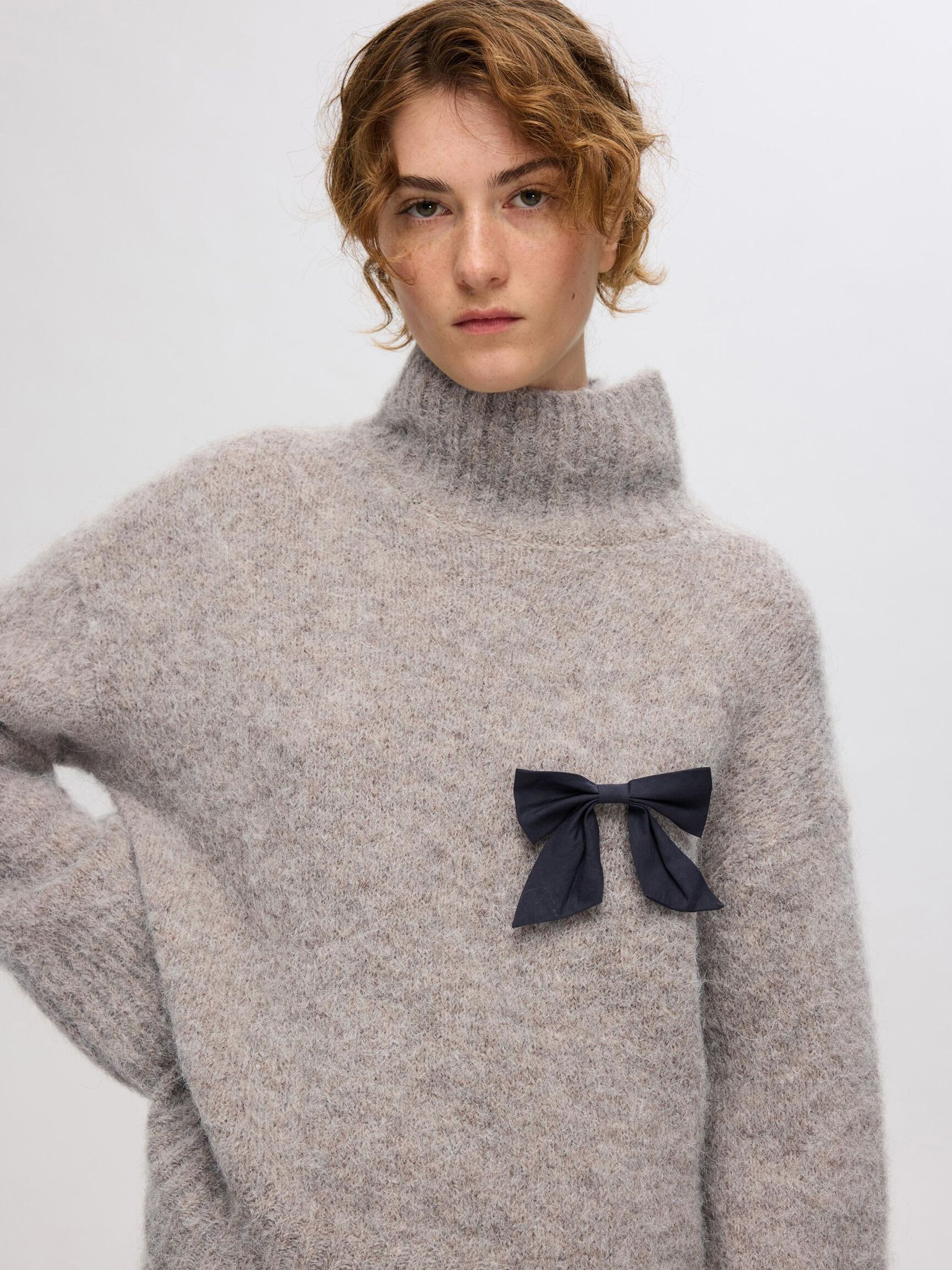 WOOL BLEND HIGH-NECK  PULLOVER, Steel Gray, highres