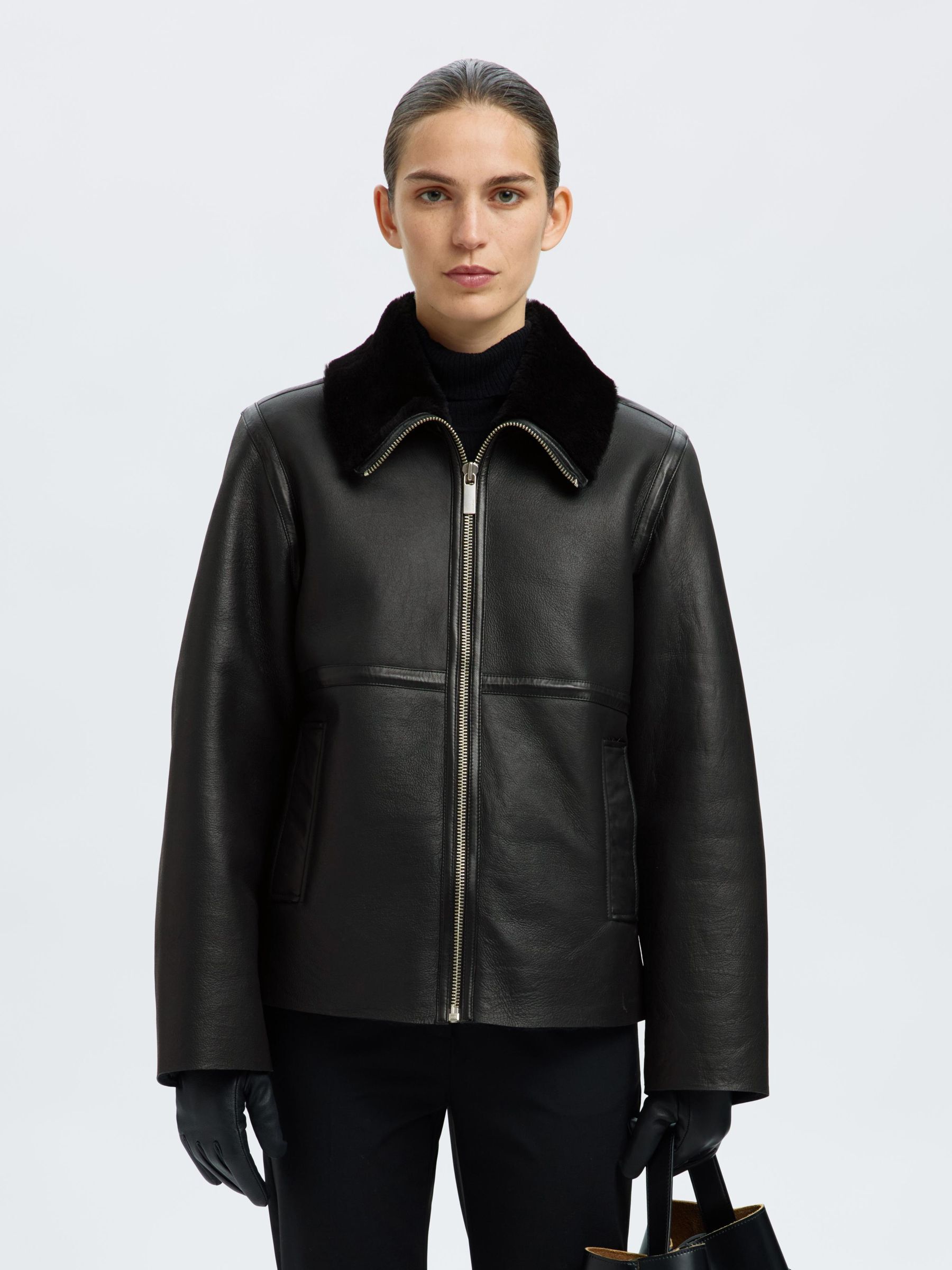 SHEARLING LEATHER JACKET | Black | Selected