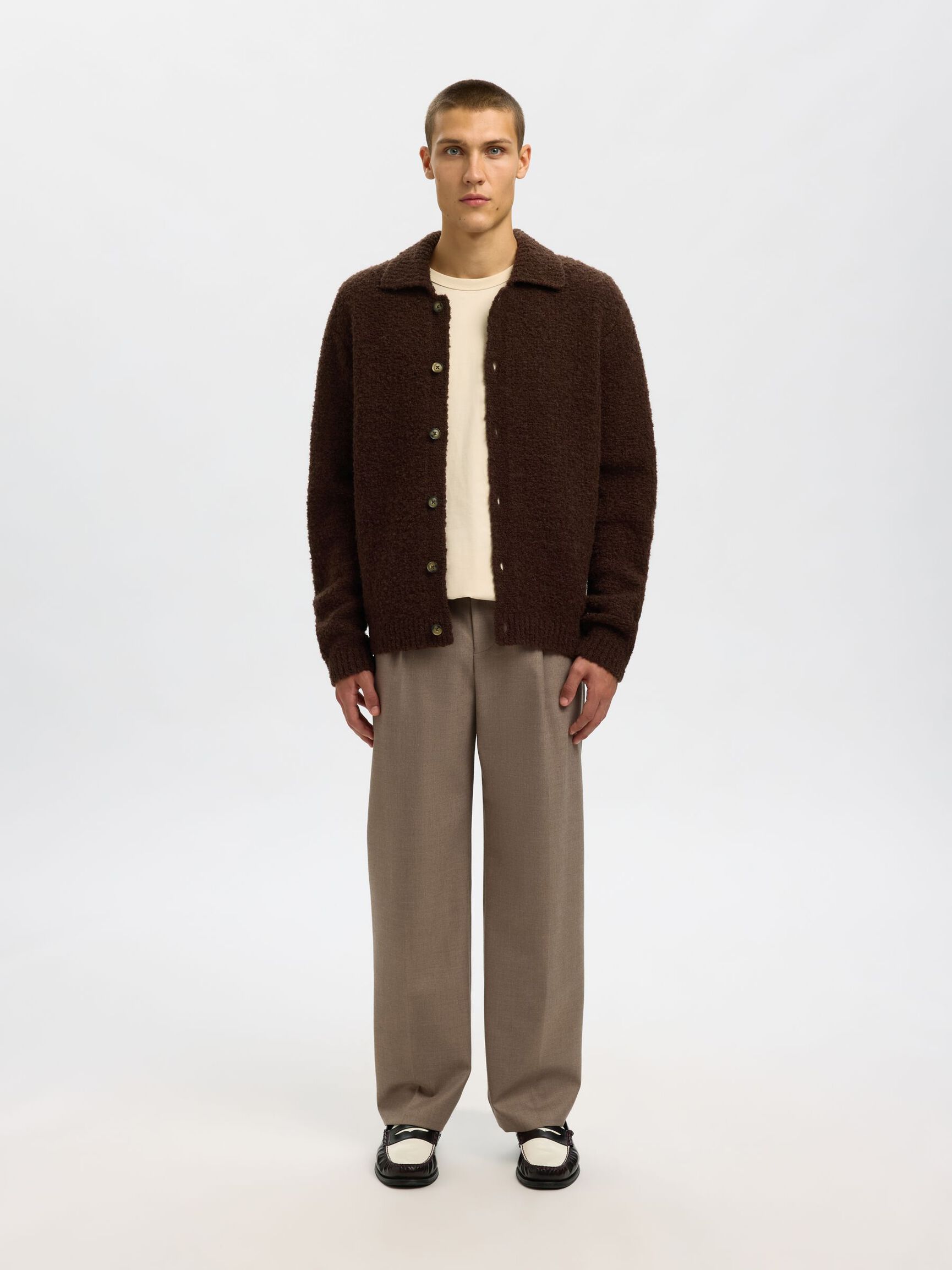 WOOL BLEND KNITTED CARDIGAN, Demitasse, highres