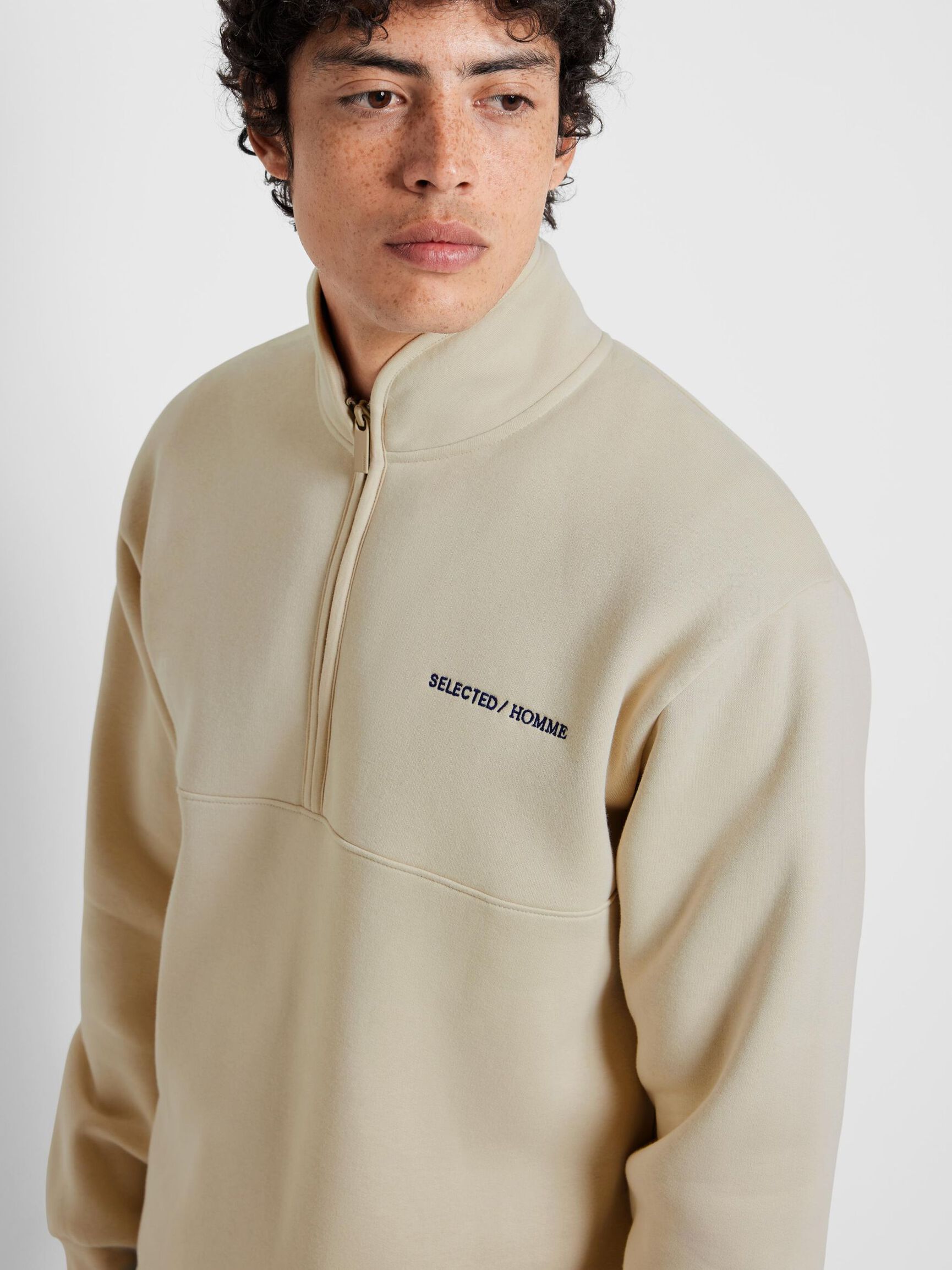 HALF-ZIP PULLOVER, Oatmeal, highres