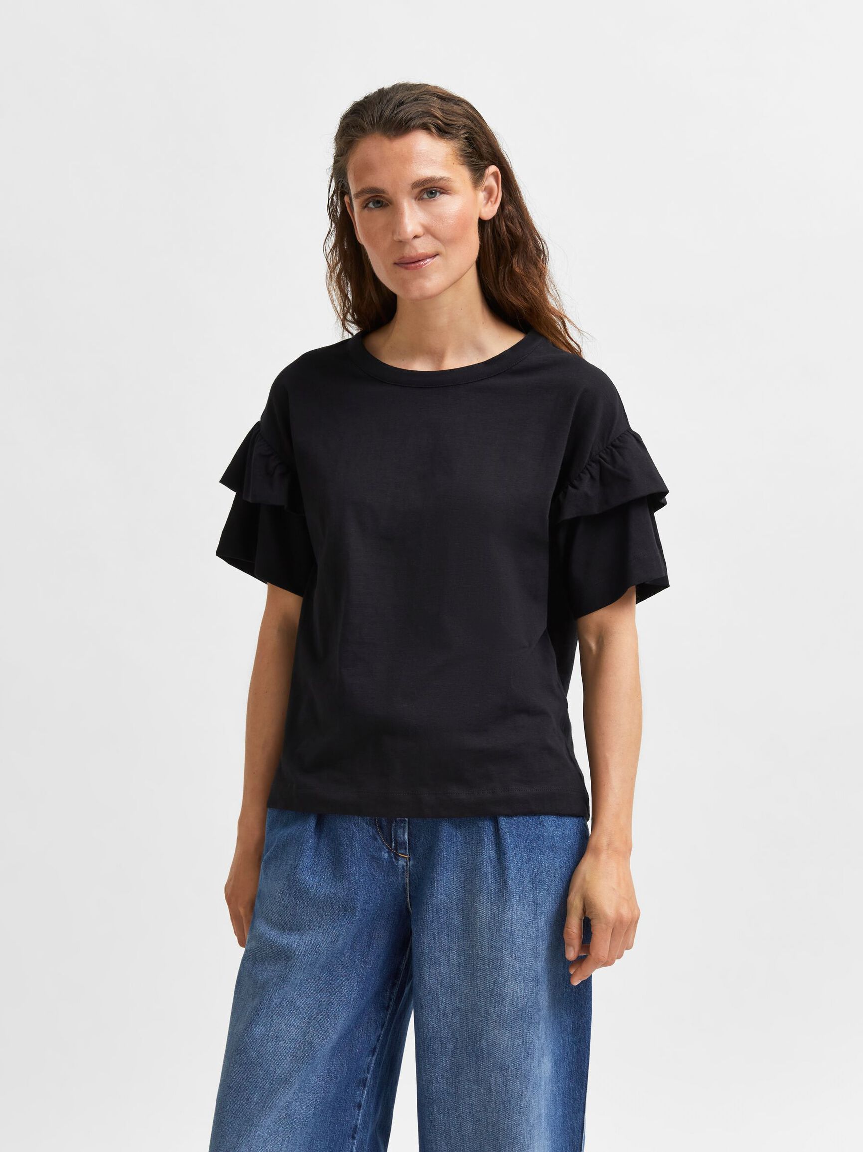 COTTON RUFFLE  T-SHIRT, Black, highres