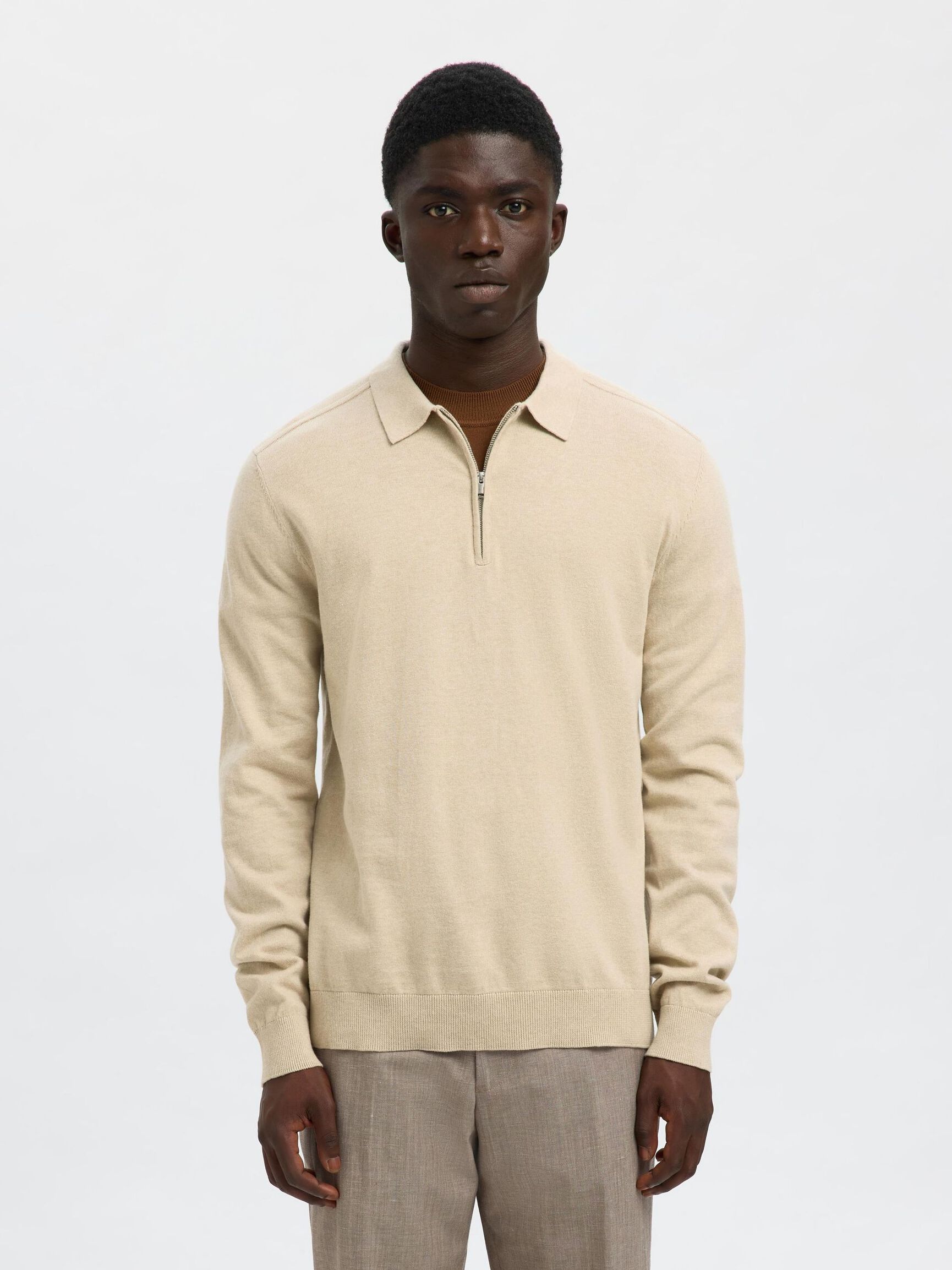 STRICK LANGARM-POLOSHIRT, Oatmeal, highres