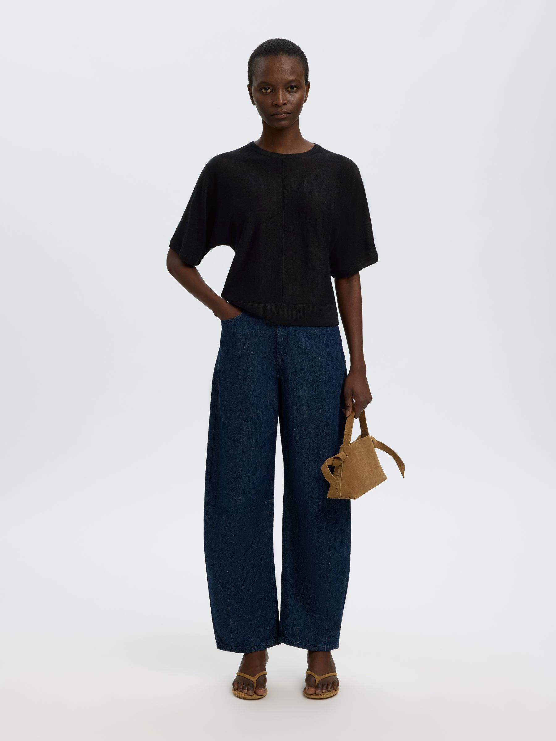 100% LINEN KNITTED TOP, Black, highres