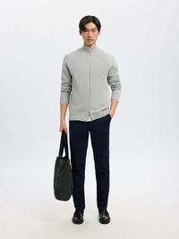 ZIPPED HIGH NECK KNITTED CARDIGAN, Light Grey Melange, highres