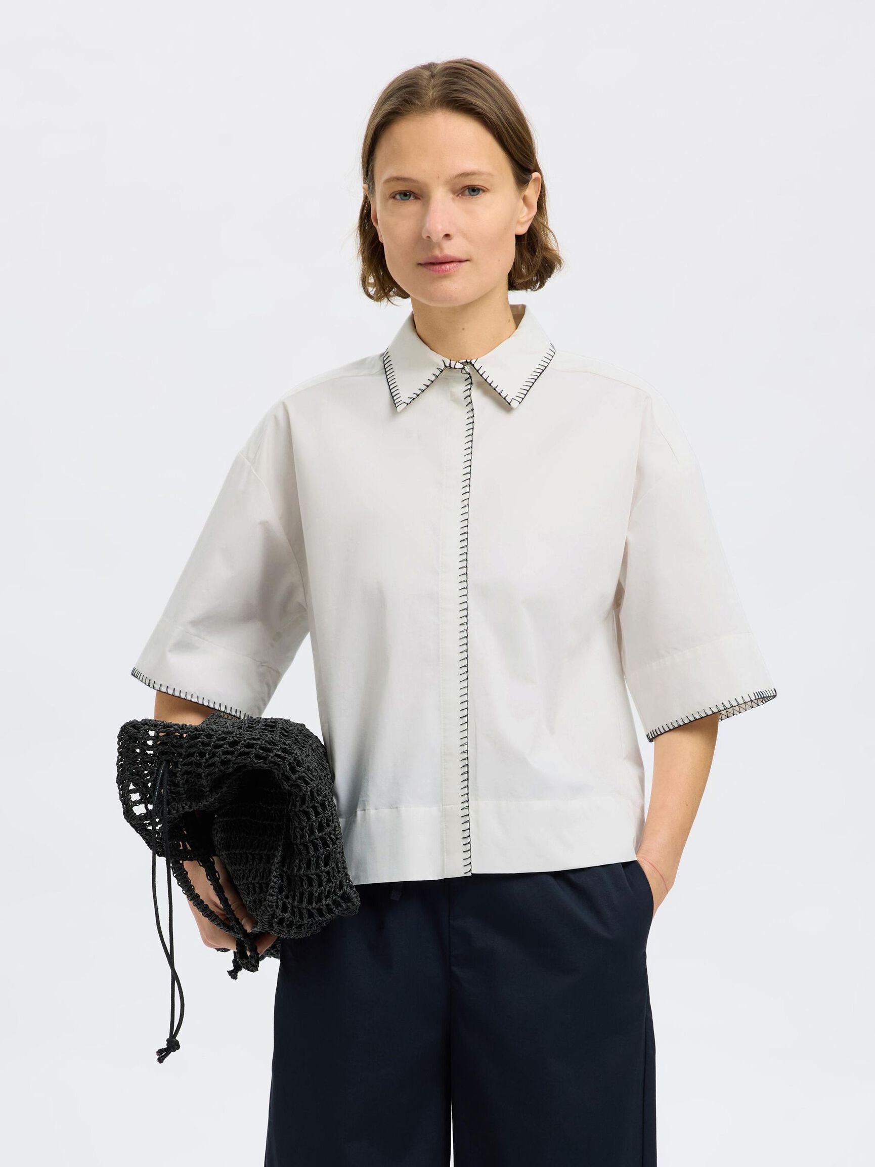 SHORT SLEEVED CROPPED SHIRT, Bright White, highres