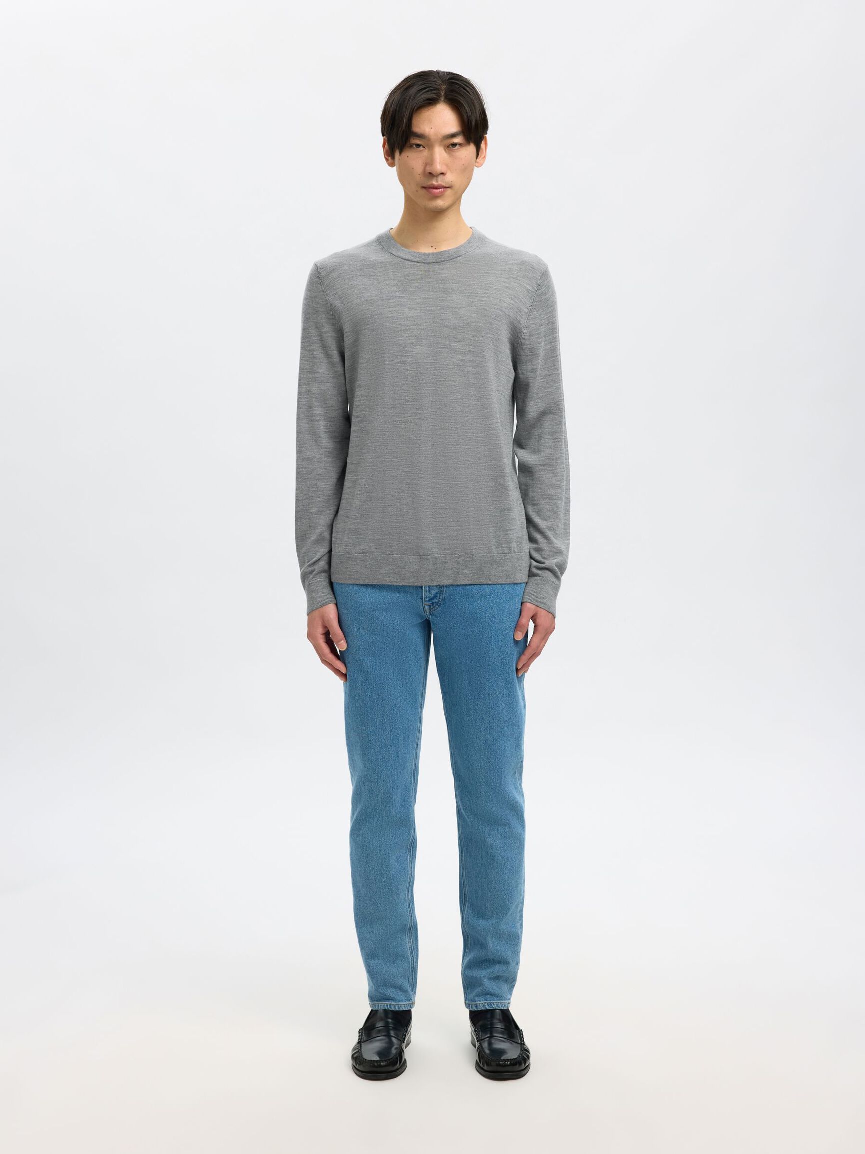 100% MERINO WOOL CREWNECK JUMPER, Medium Grey Melange, highres