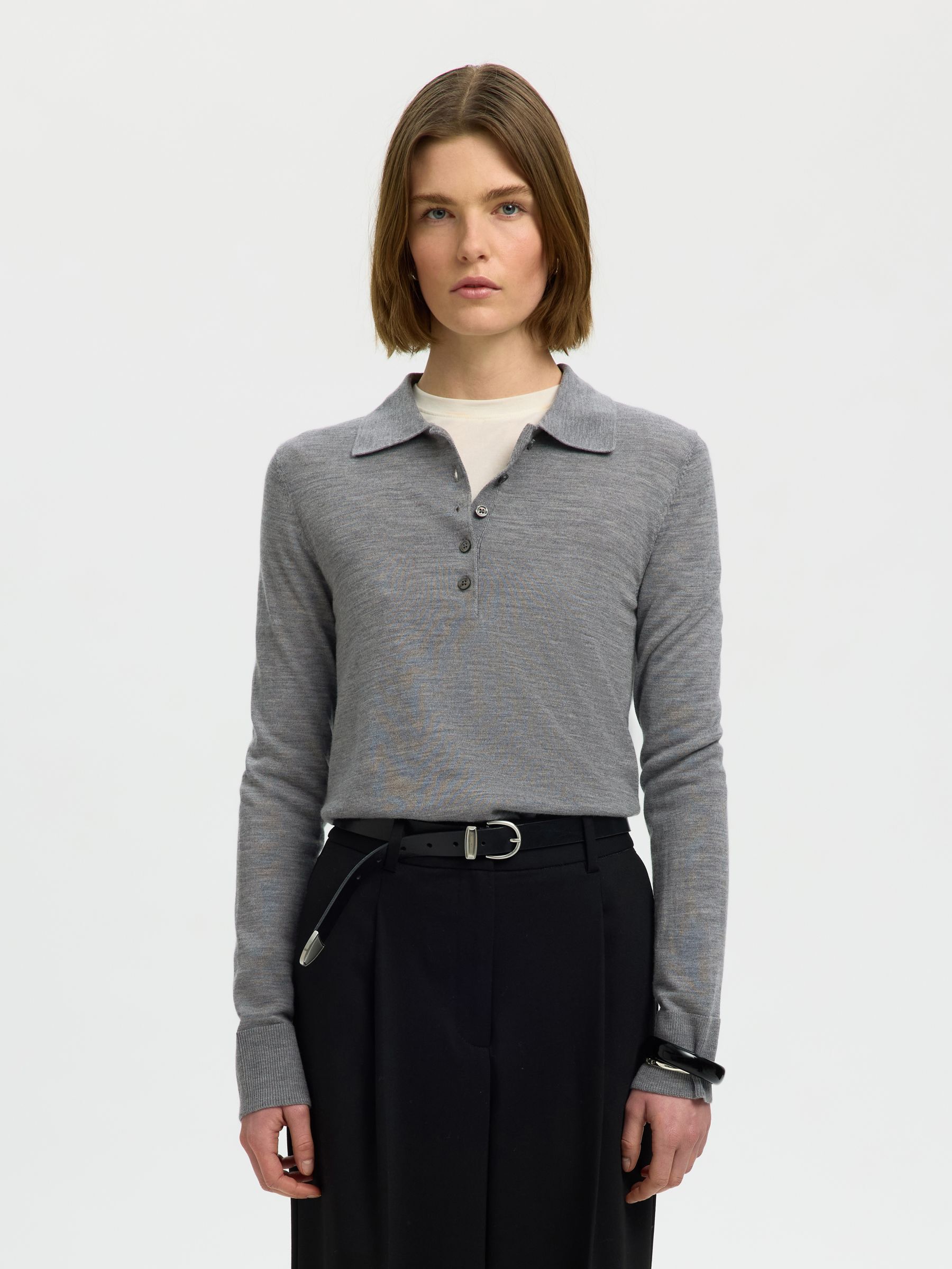 100% MERINOULD STRIKKET POLOSHIRT, Medium Grey Melange, highres