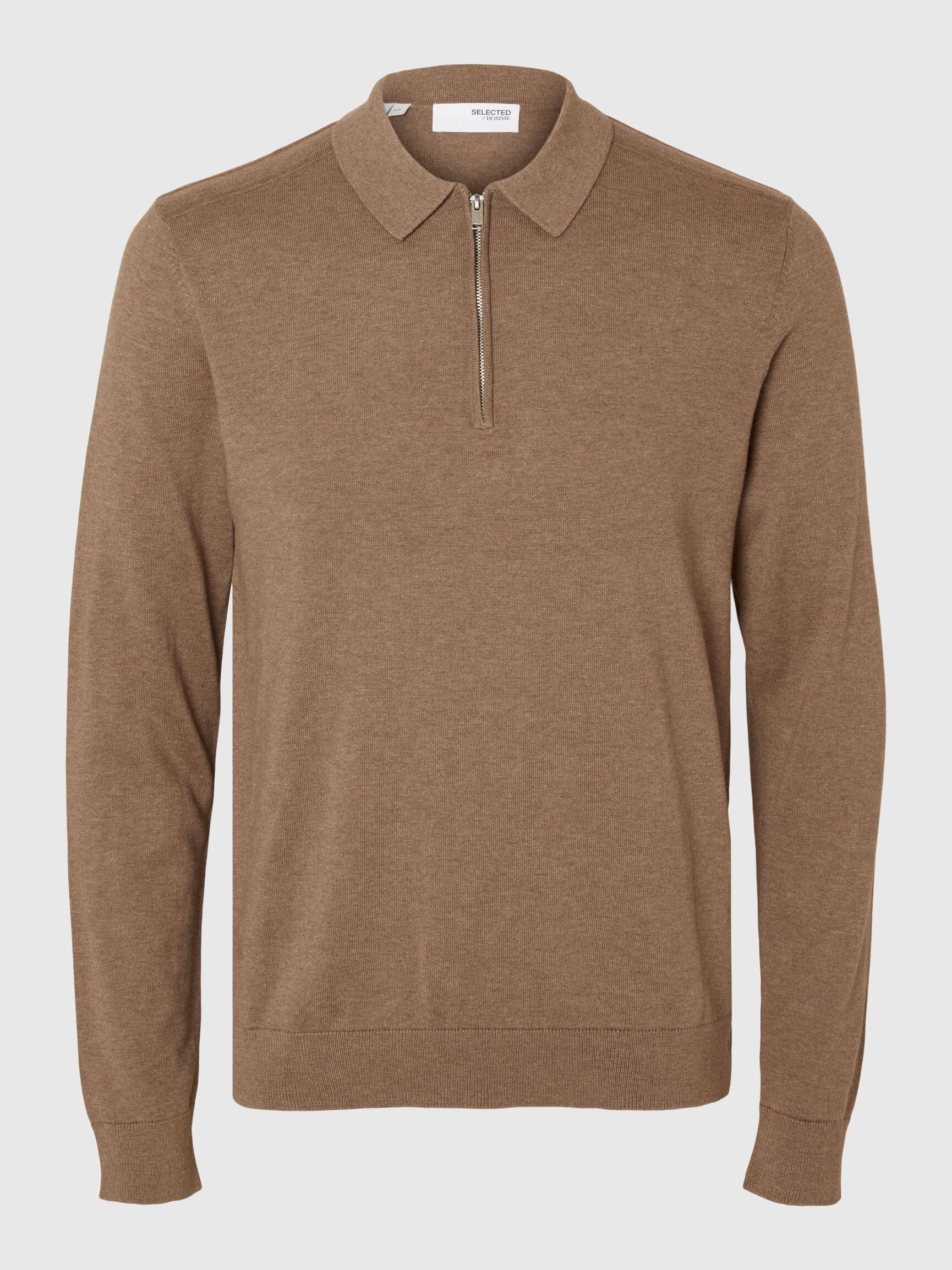 KNITTED LONG-SLEEVED POLO, Teak, highres