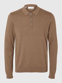 KNITTED LONG-SLEEVED POLO, Teak, highres