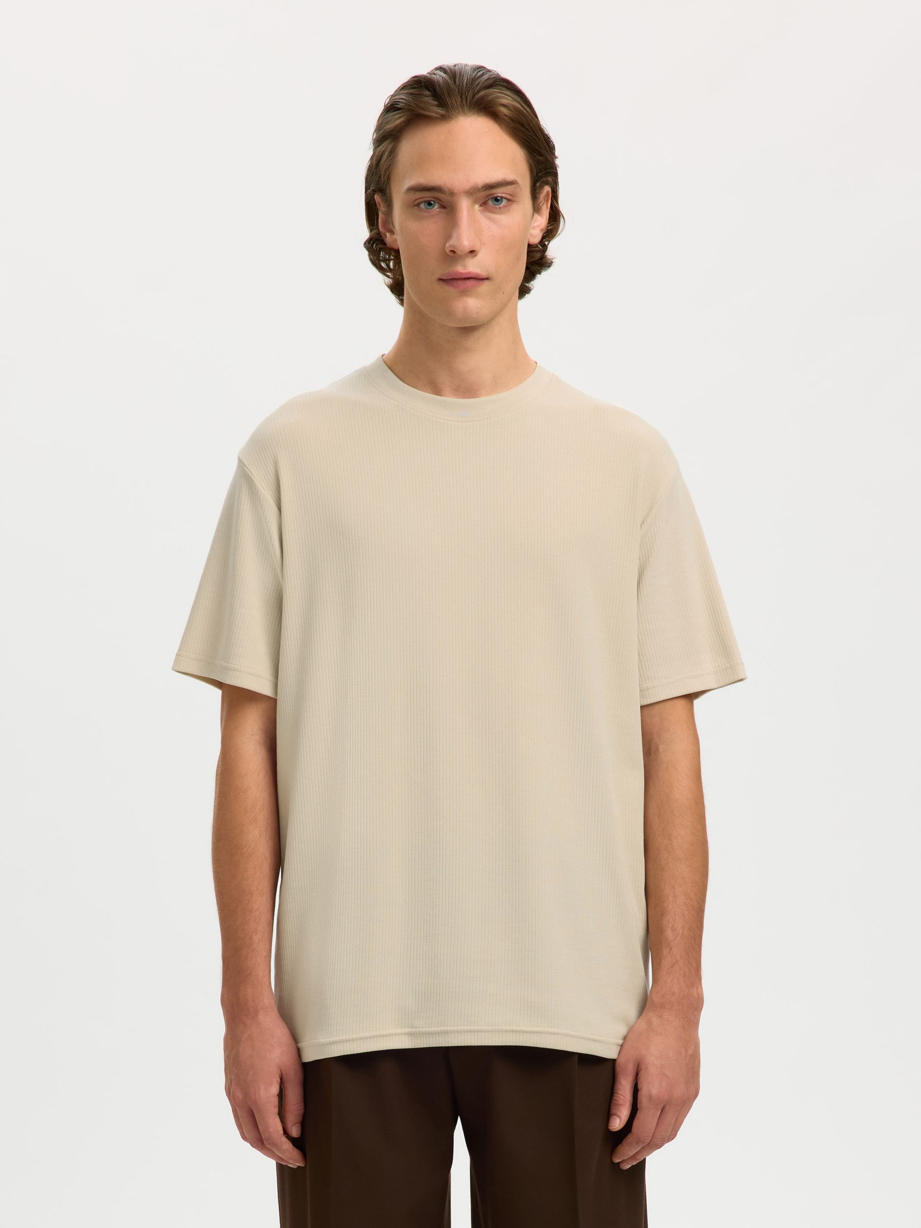 RIBBED COTTON T-SHIRT, Oatmeal, highres