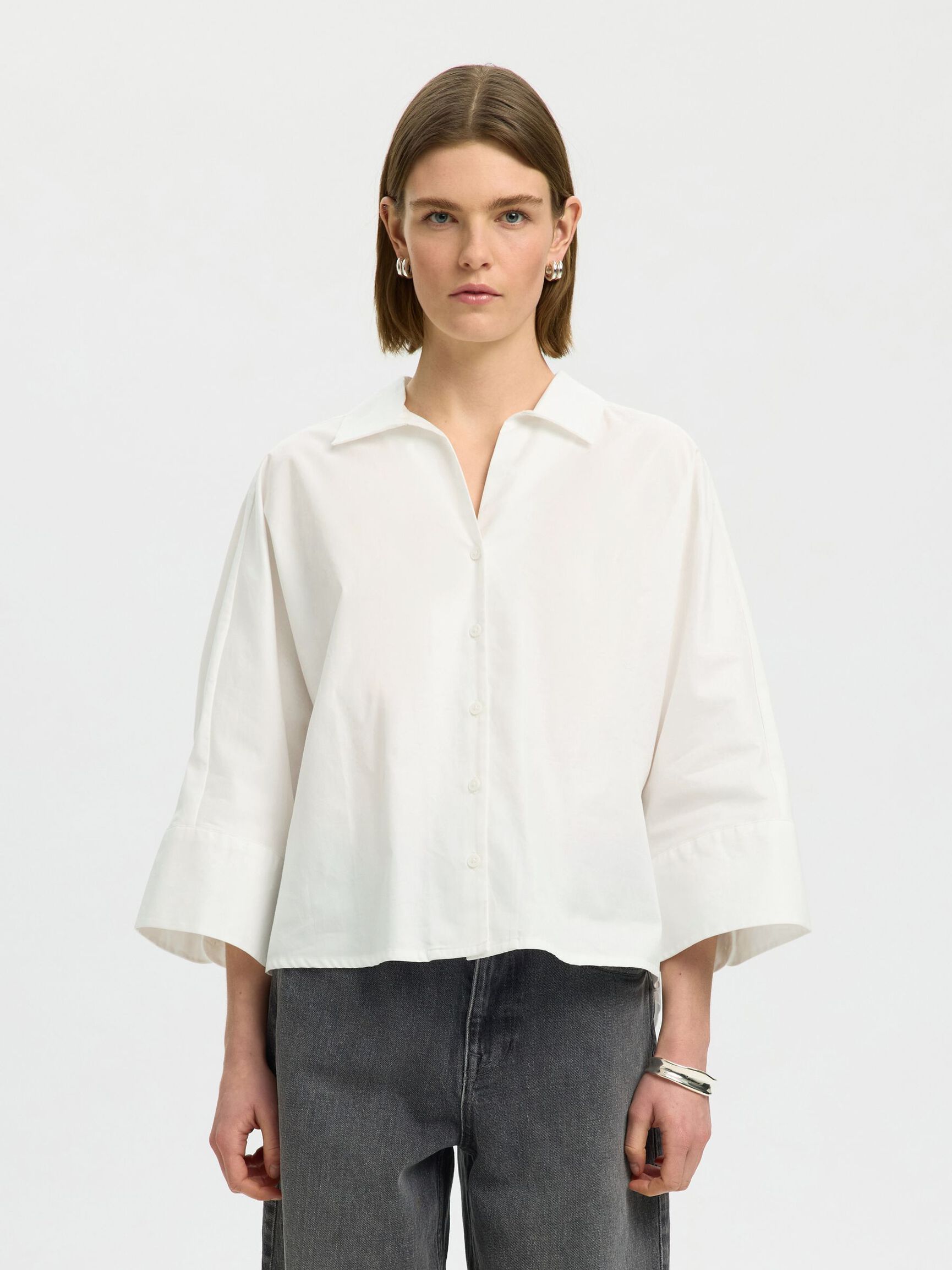 COTTON 3/4 SLEEVED SHIRT, Bright White, highres