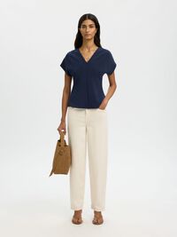 GATHERED V-NECK TOP, Dark Sapphire, highres