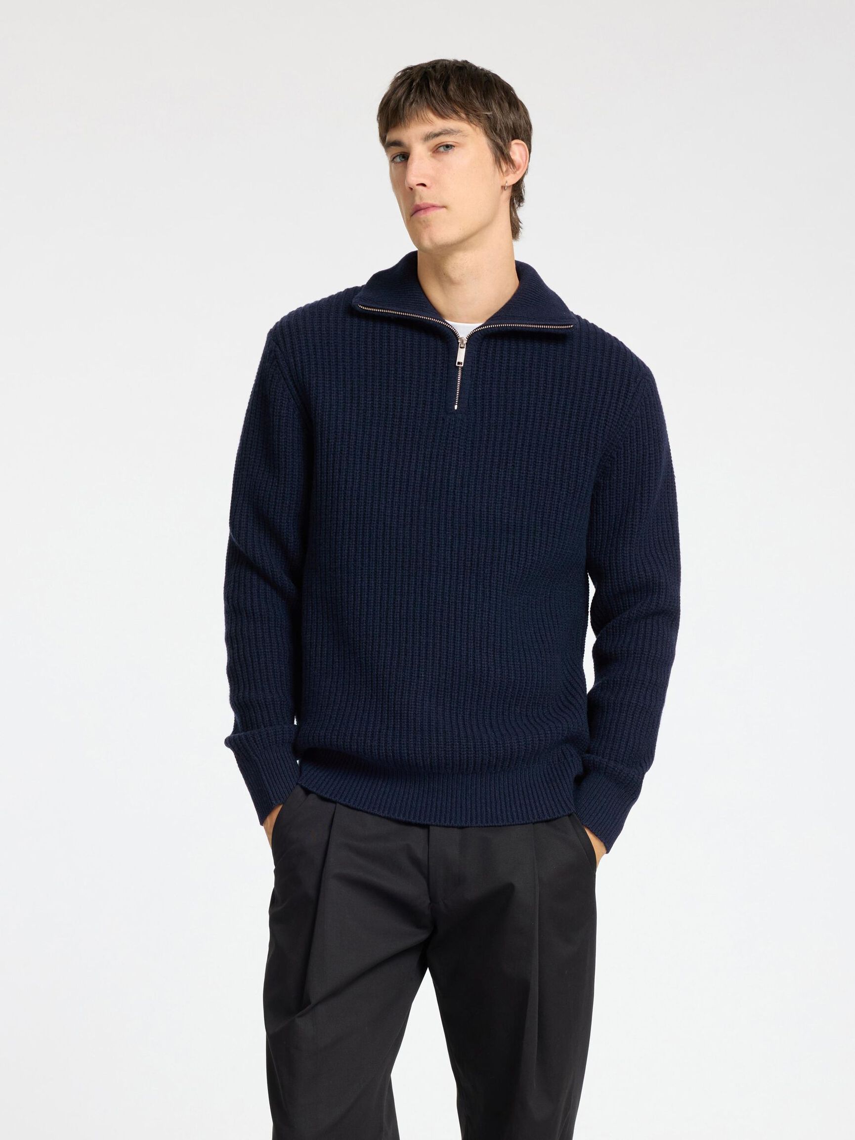 WOLLGEMISCH STRICK HALF-ZIP PULLOVER, Sky Captain, highres