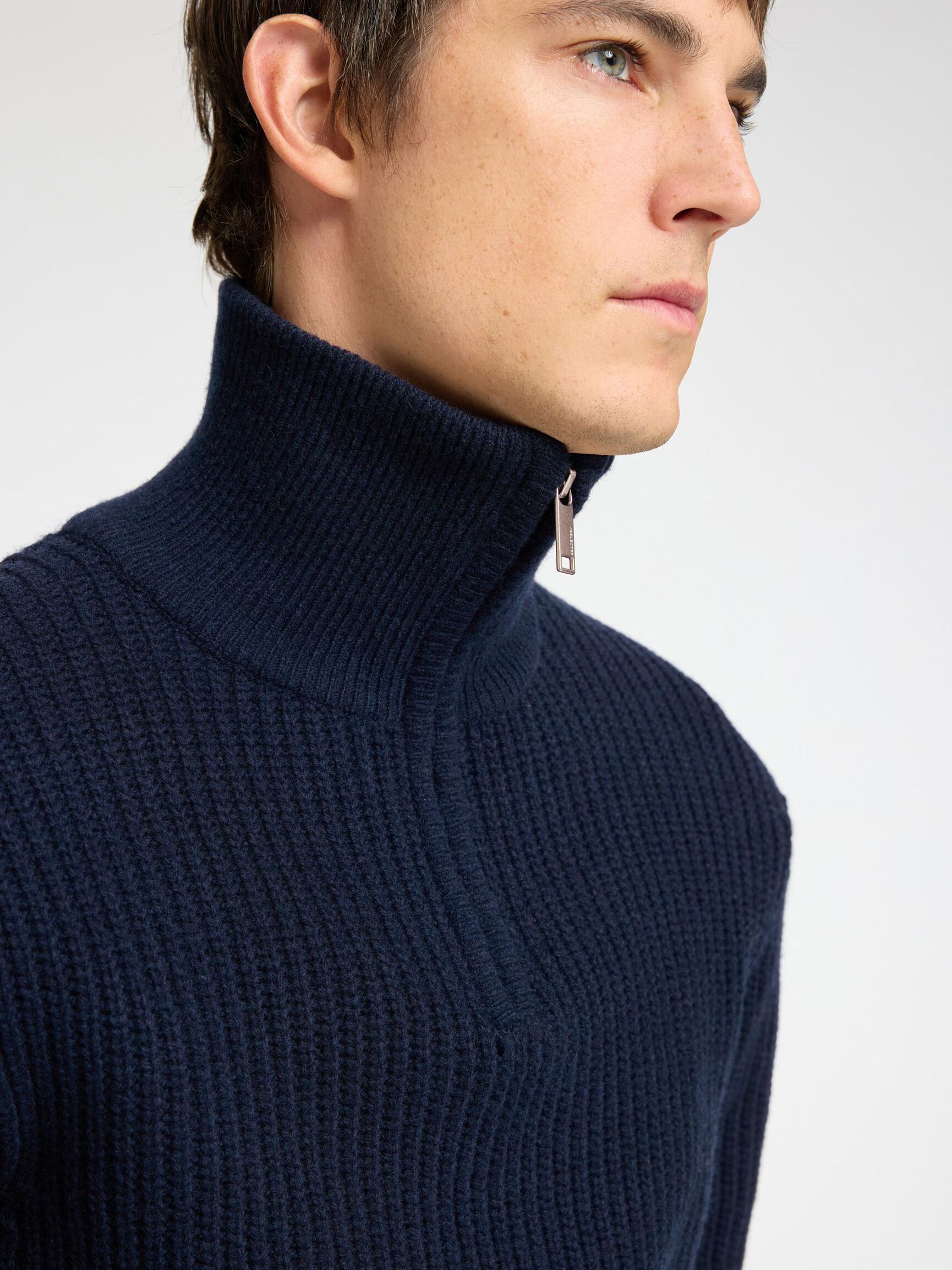 WOLLGEMISCH STRICK HALF-ZIP PULLOVER, Sky Captain, highres