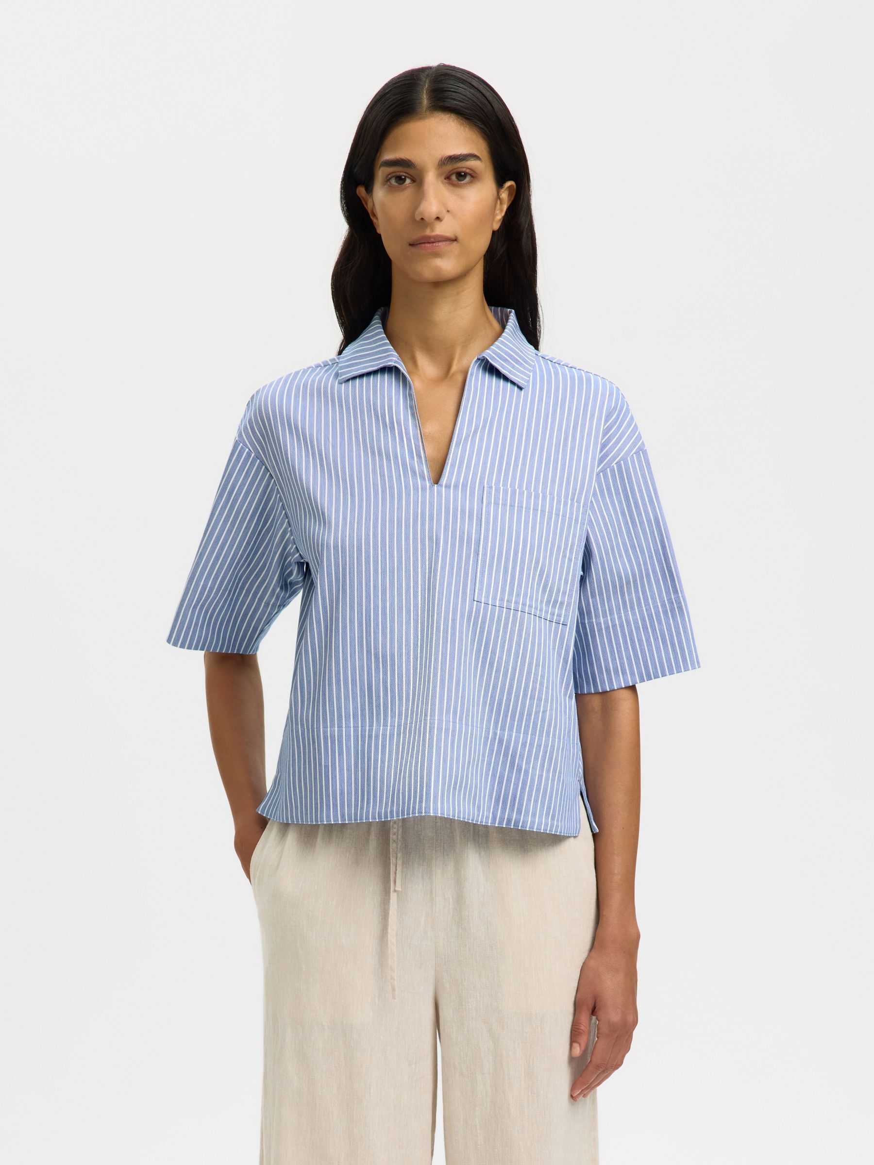 BOMULDSBLANDING BLUSE MED V-HALS, Dusty Blue, highres