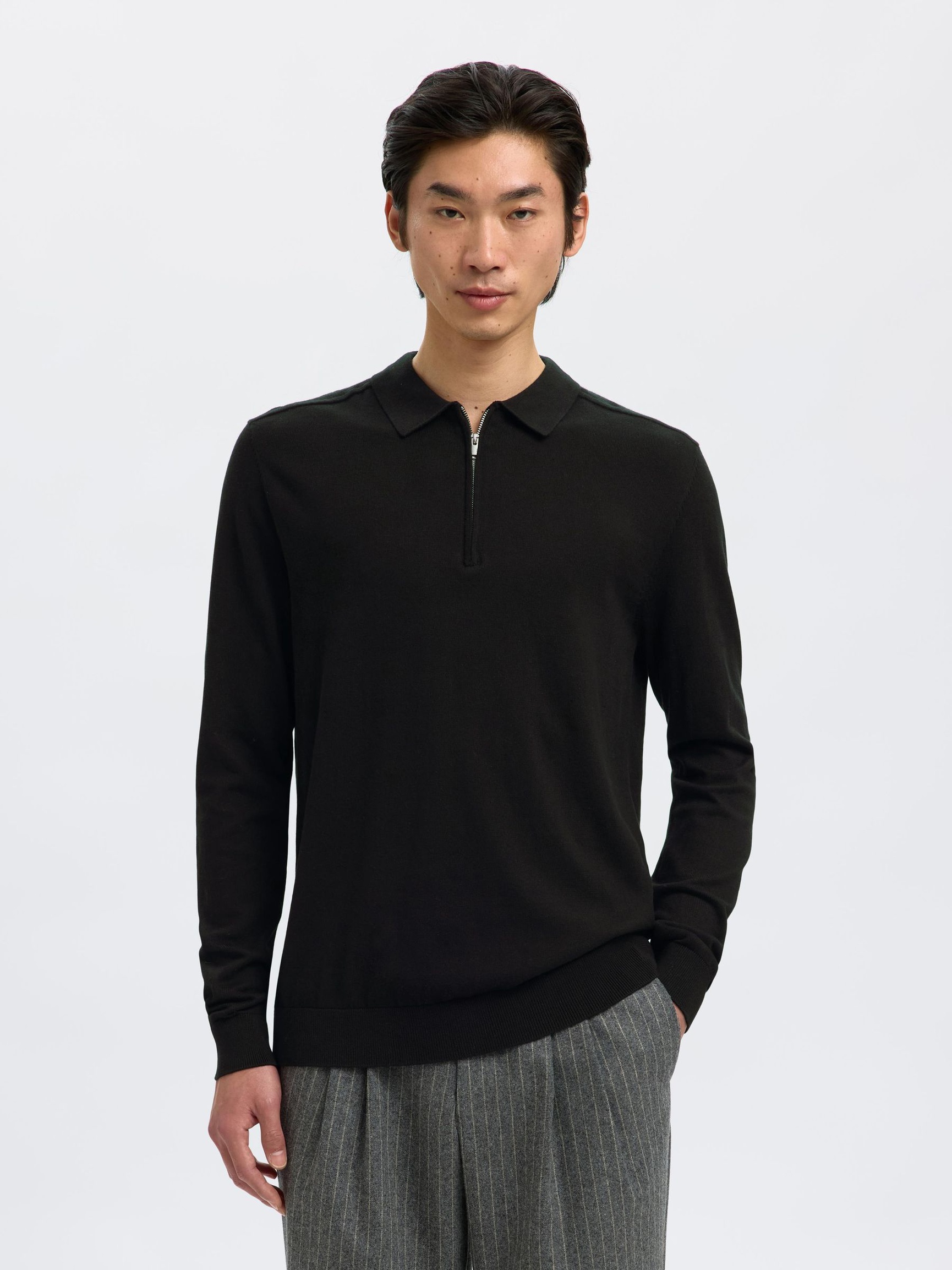 KNITTED LONG-SLEEVED POLO, Black, highres