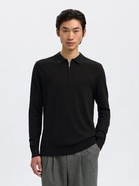 KNITTED LONG-SLEEVED POLO, Black, highres