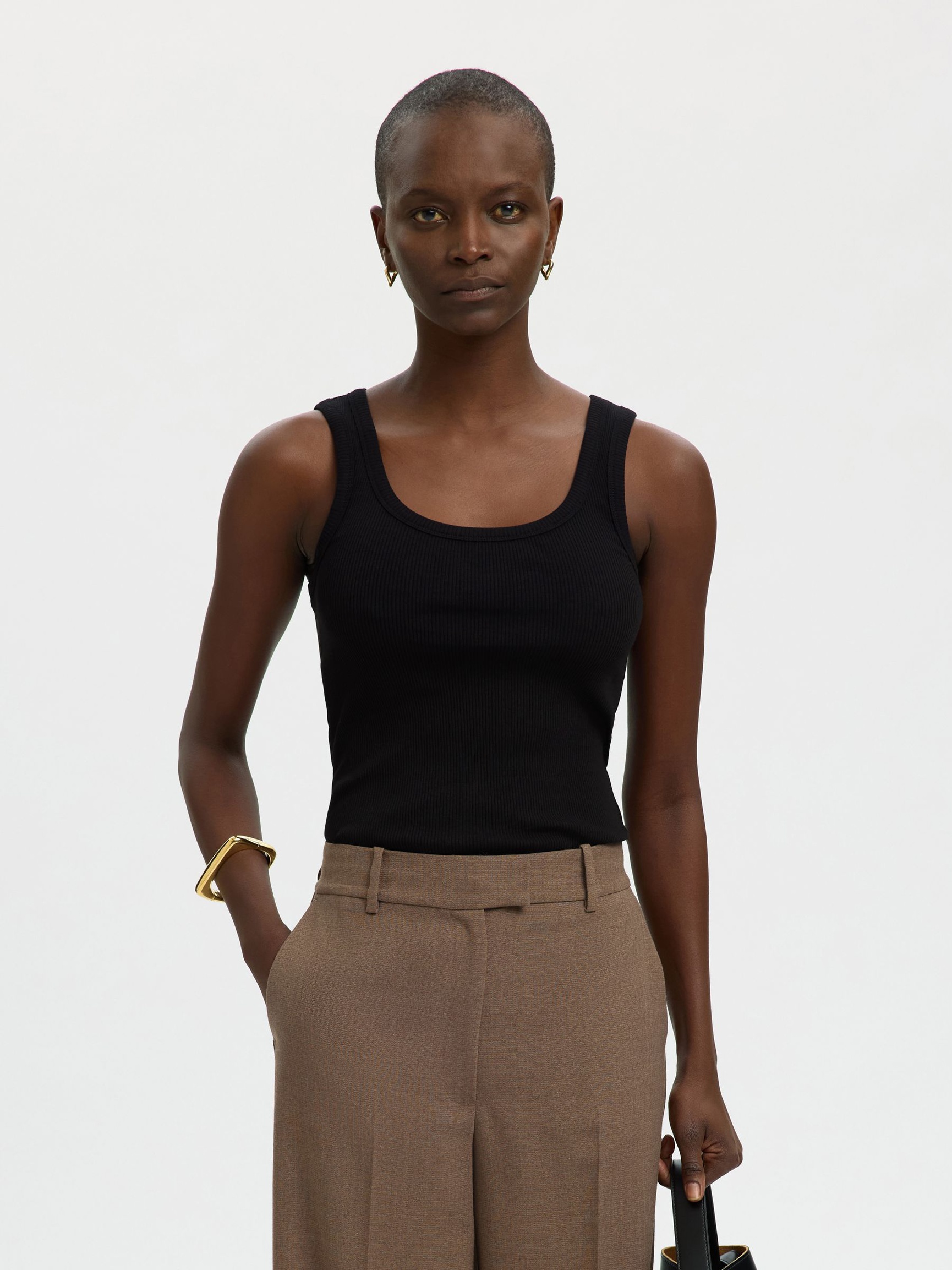 RIBBED COTTON TANK TOP, Black, highres