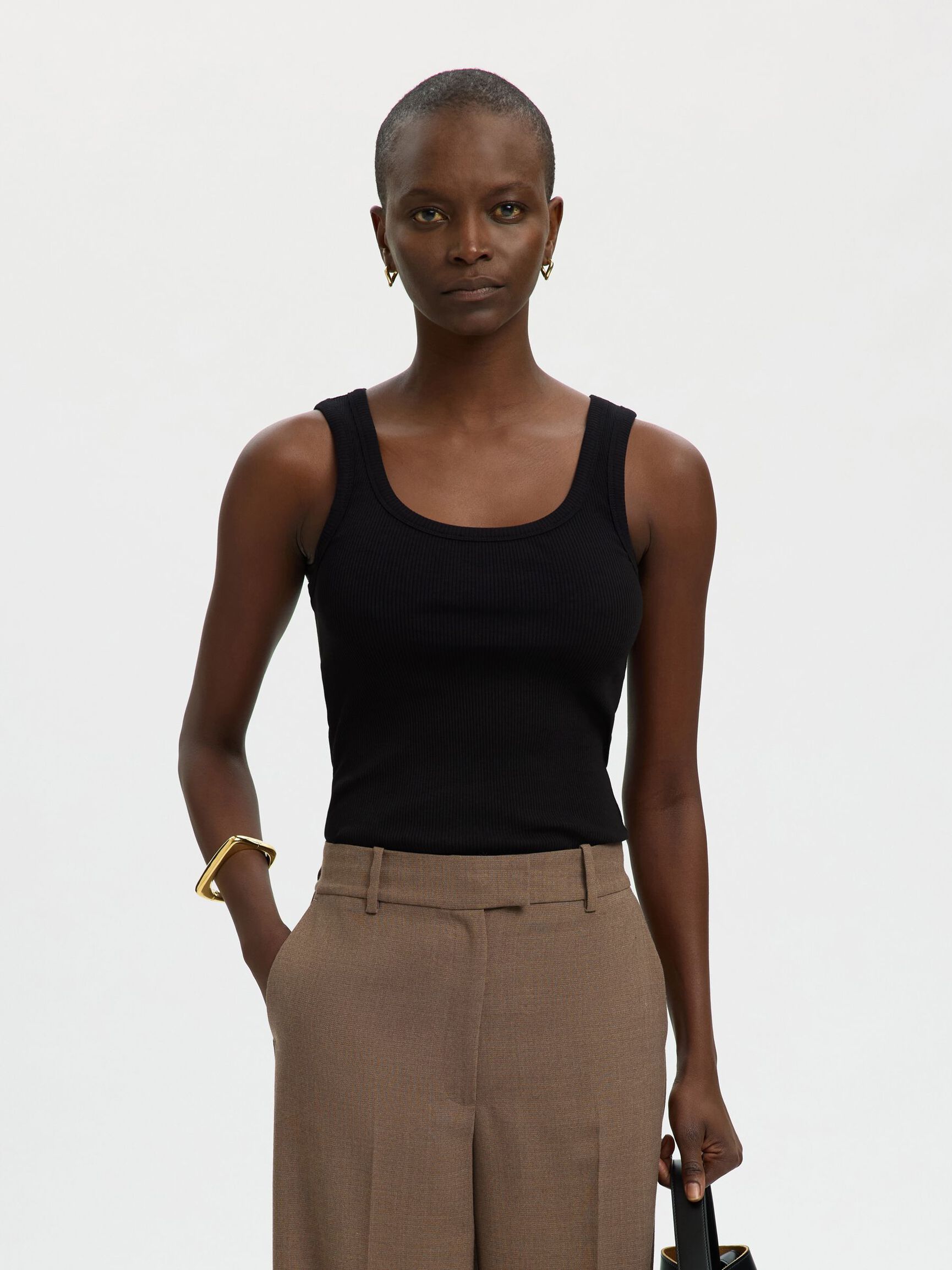 RIBBED COTTON TANK TOP, Black, highres