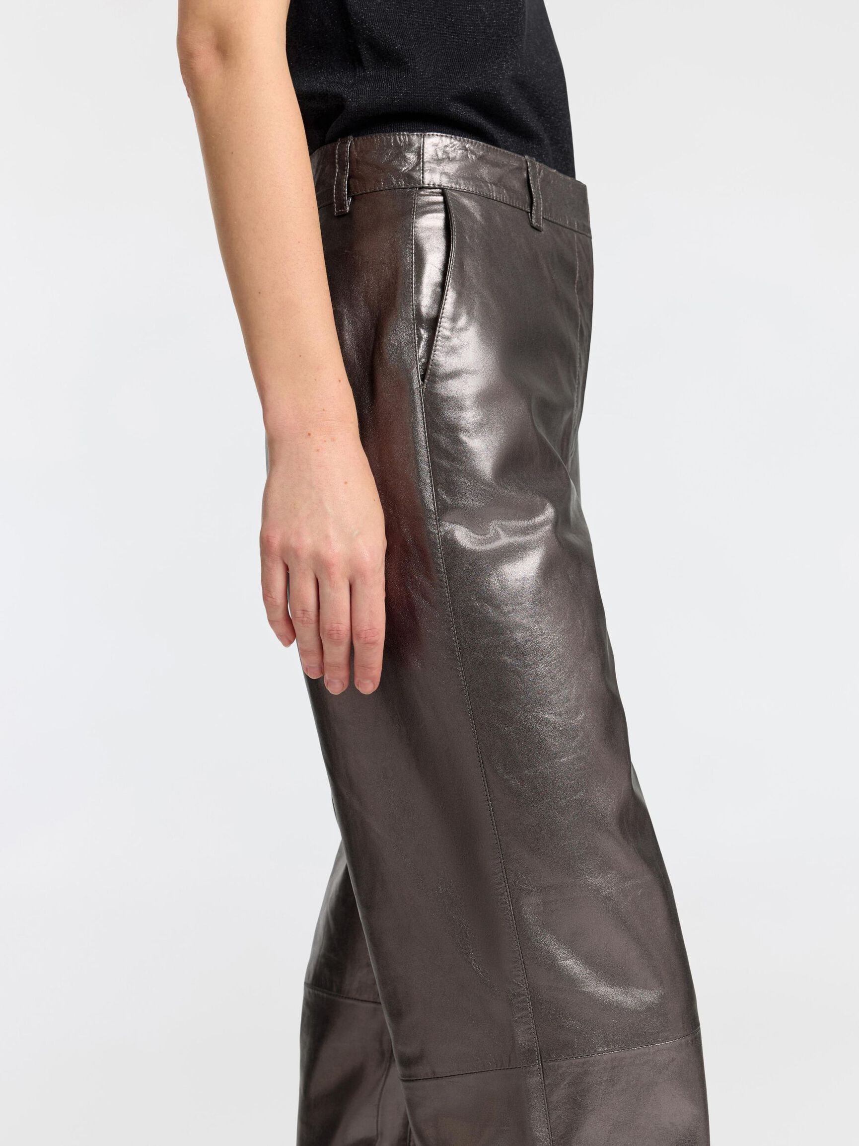 METALLIC LEATHER TROUSERS, Silver, highres