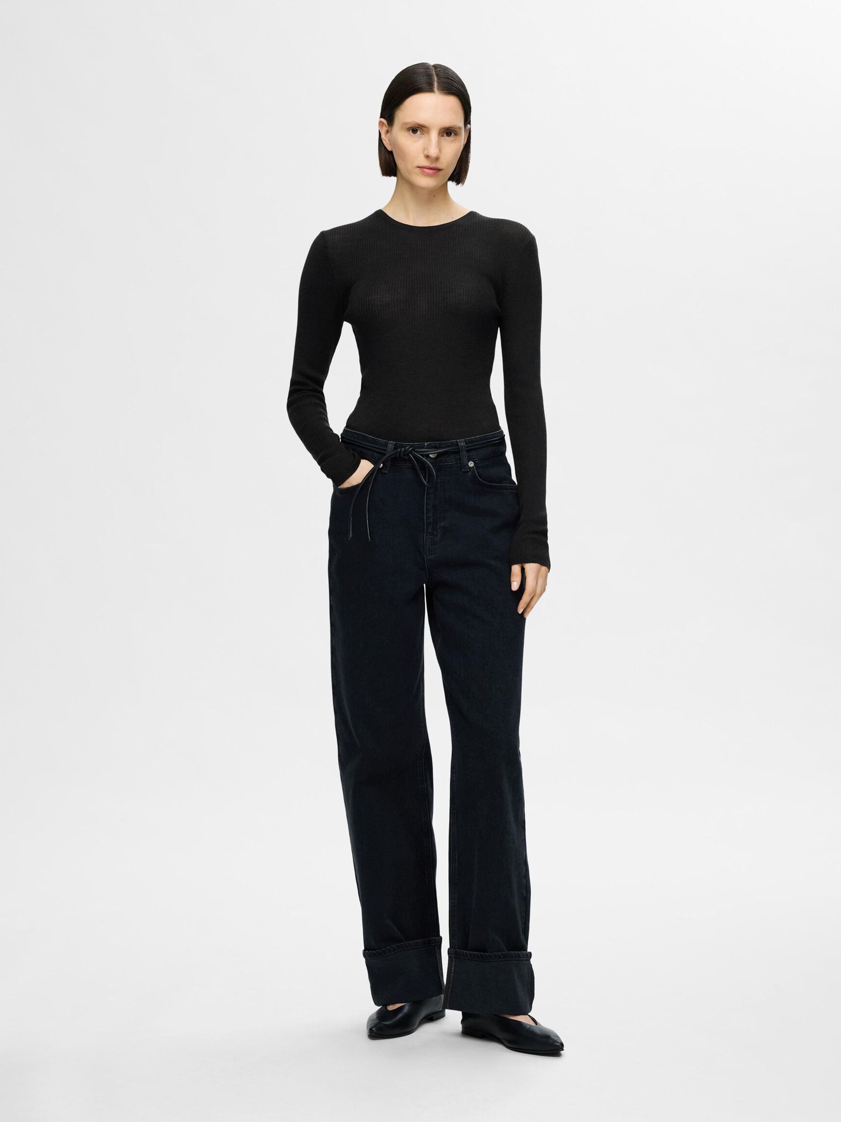 WOOL BLEND LONG SLEEVED TOP, Black, highres