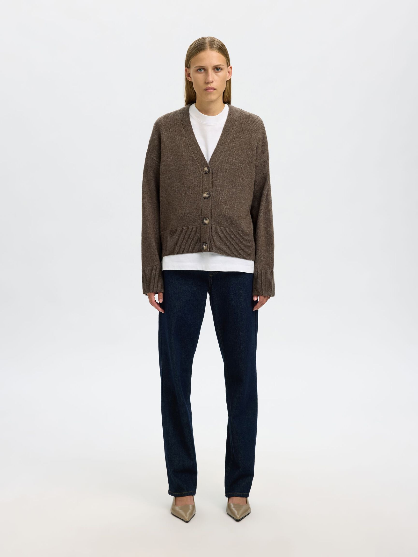 WOOL BLEND KNITTED CARDIGAN, Morel, highres