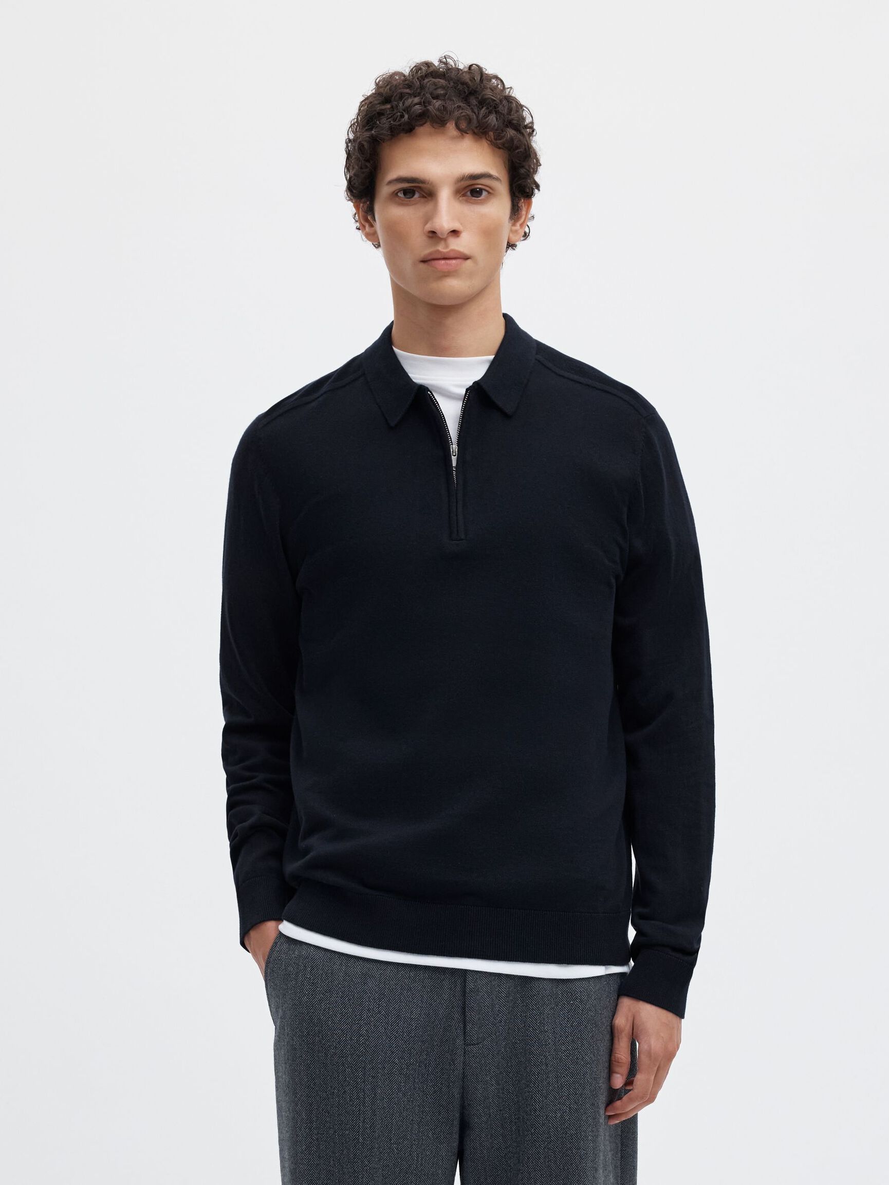 KNITTED LONG-SLEEVED POLO, Navy Blazer, highres