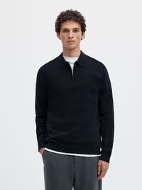KNITTED LONG-SLEEVED POLO, Navy Blazer, highres