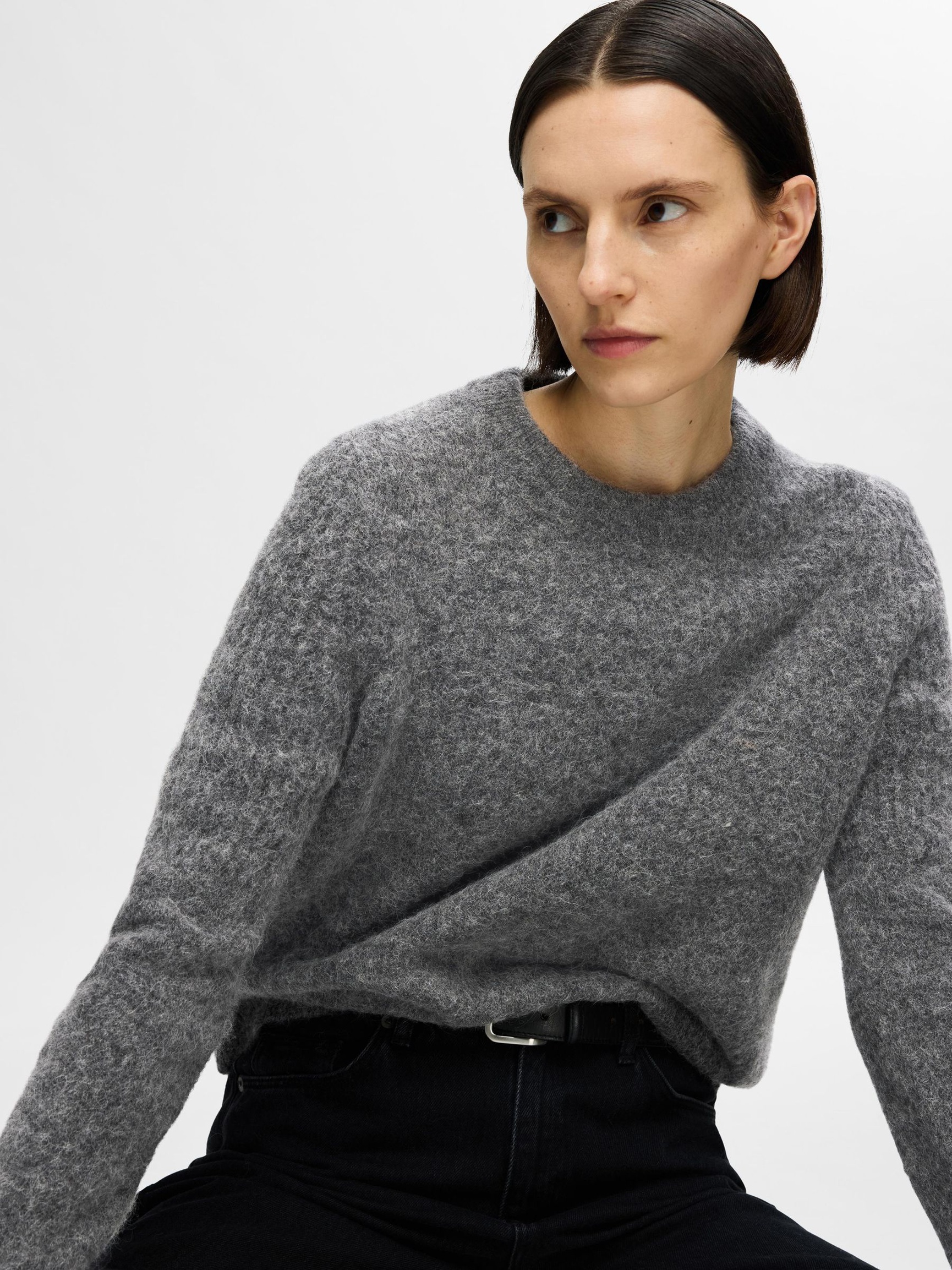 KNITTED WOOL BLEND JUMPER, Medium Grey Melange, highres