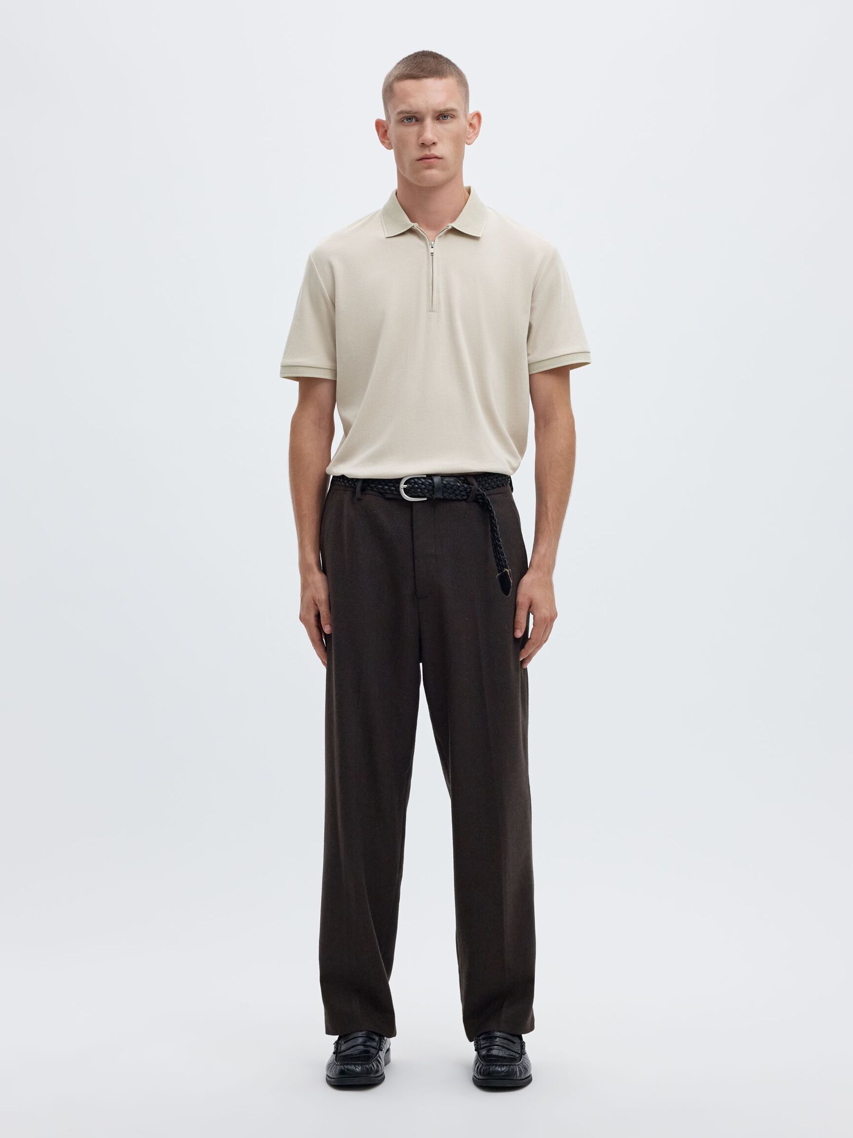 ZIPPER KNITTED POLO SHIRT, Oatmeal, highres