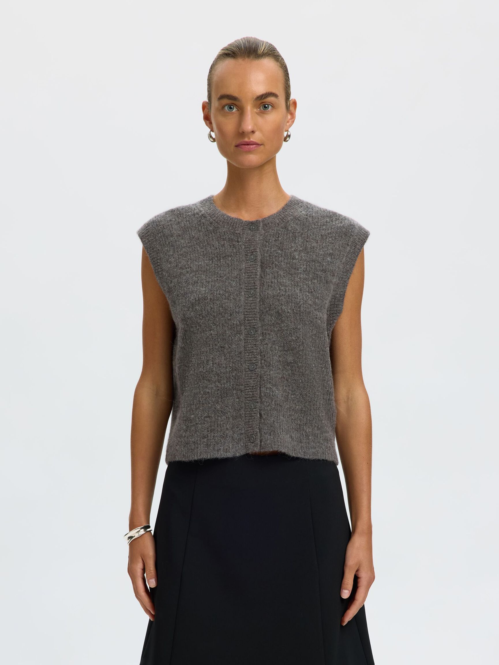 WOOL BLEND  KNITTED VEST, Medium Grey Melange, highres
