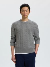 CABLE KNIT PULLOVER, Medium Grey Melange, highres