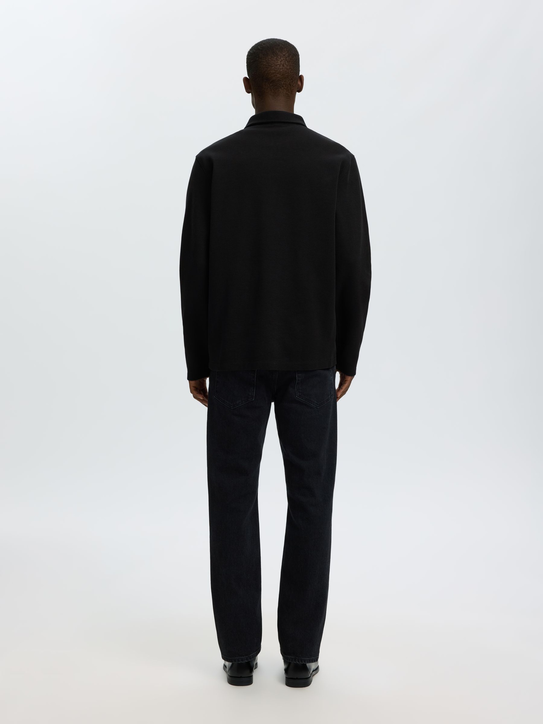 RIBBED HALF ZIP LONG-SLEEVED POLO, Black, highres