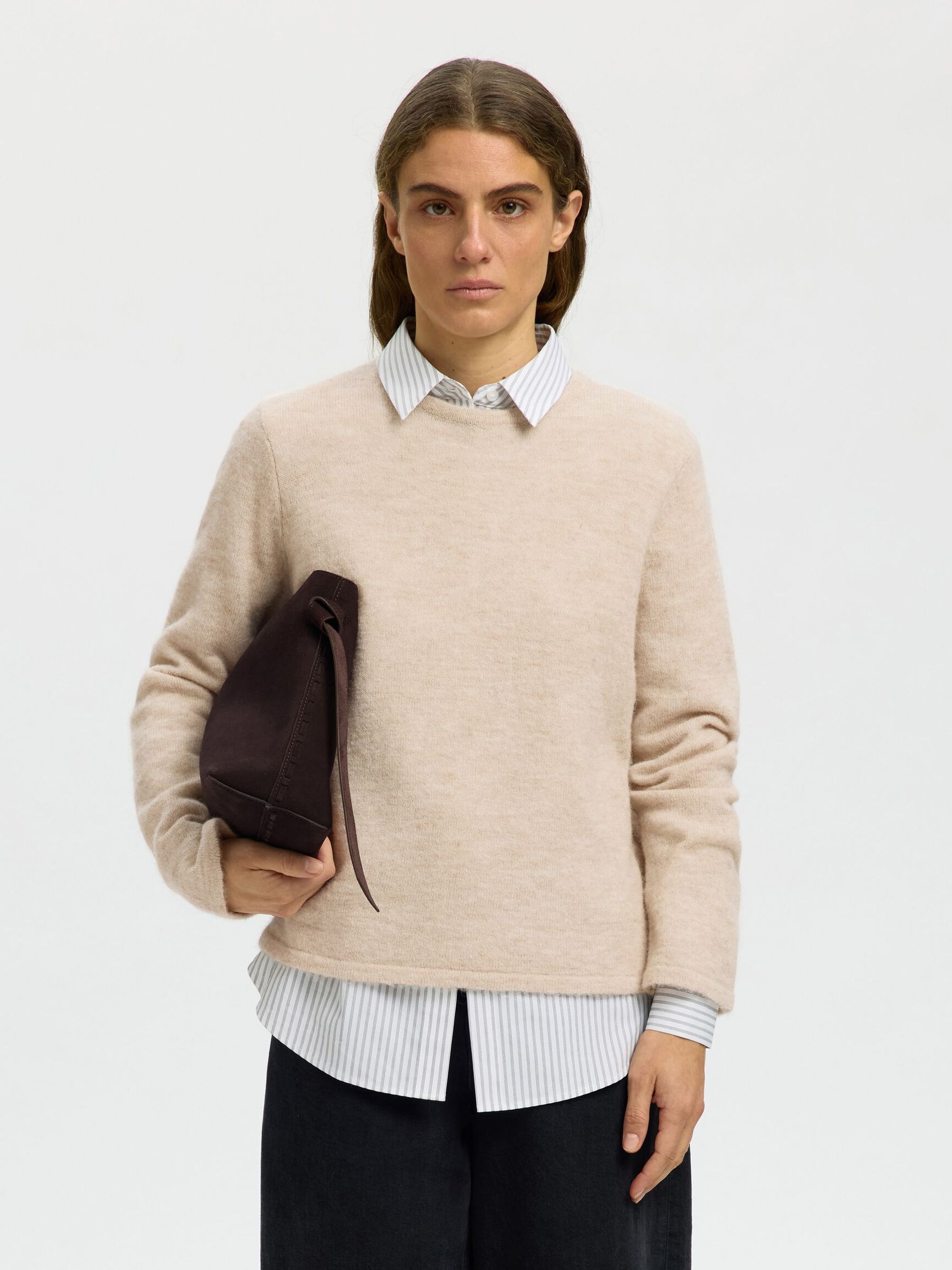 WOOL BLEND KNITTED PULLOVER, Birch, highres