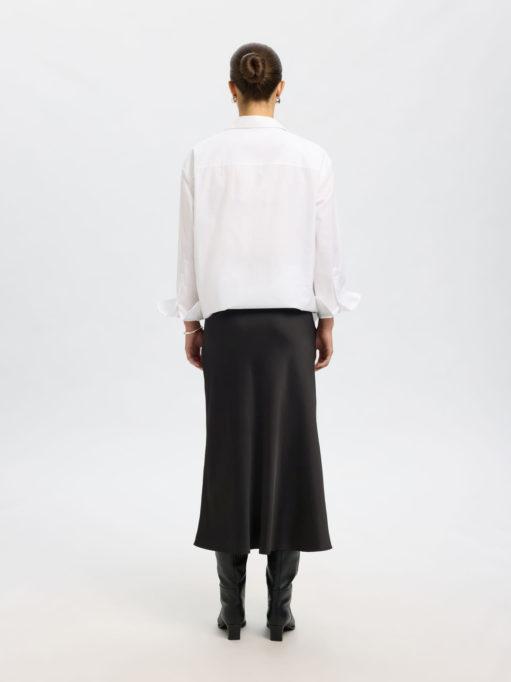 SATIN MIDI SKIRT, Black, highres